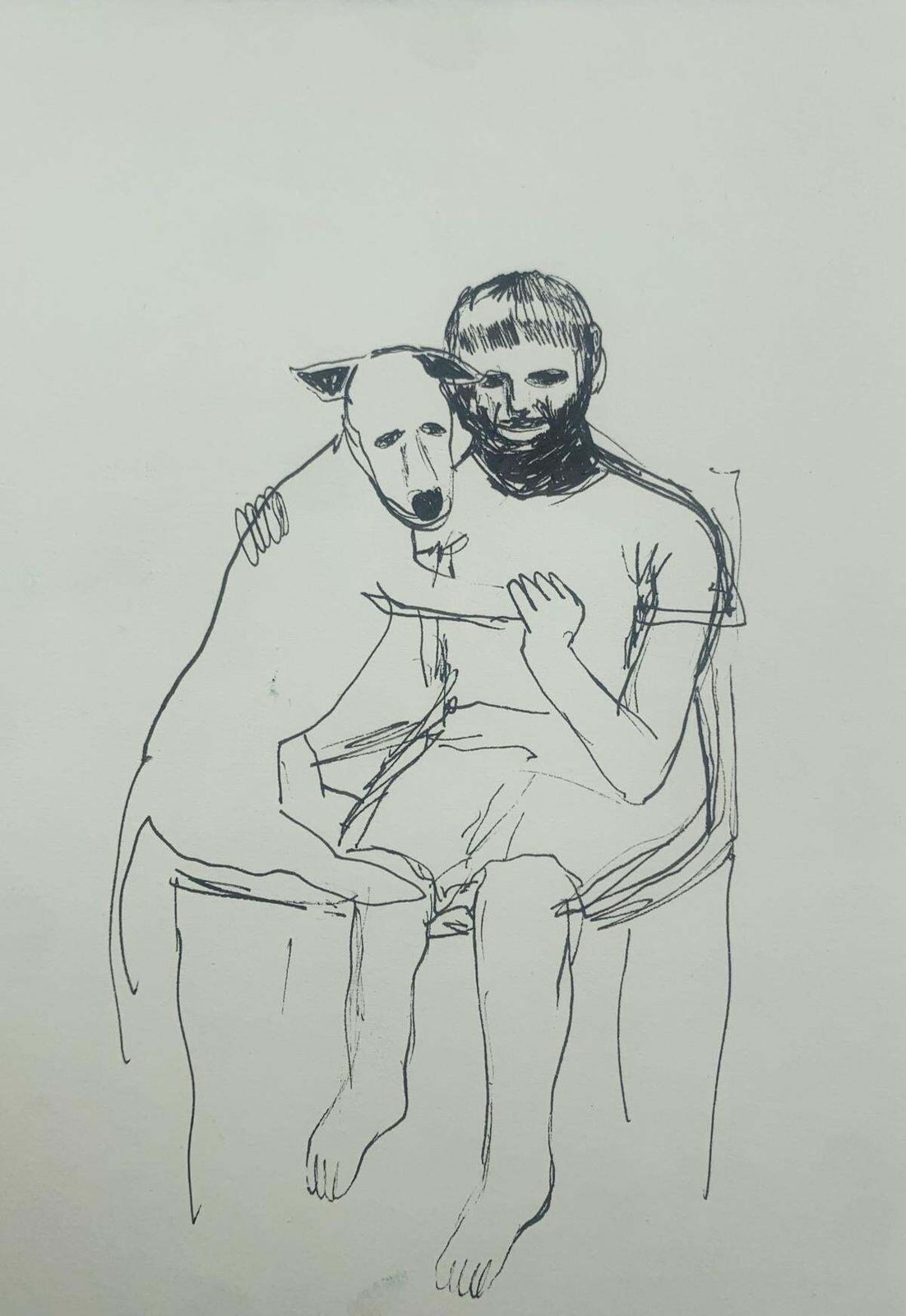 Hanna Ilczyszynboy With A Dog. Figurative Ink Drawing, Minimalistic, Polish Art2023