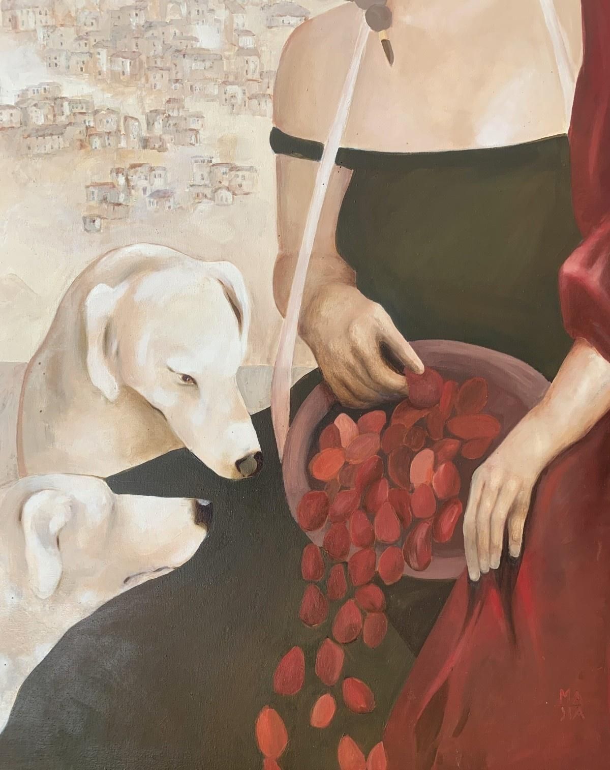 Gocha Stankiewiczwhite Dogs. Contemporary Figurative Oil On Canvas Painting, Polish Artist2003 photo for sale