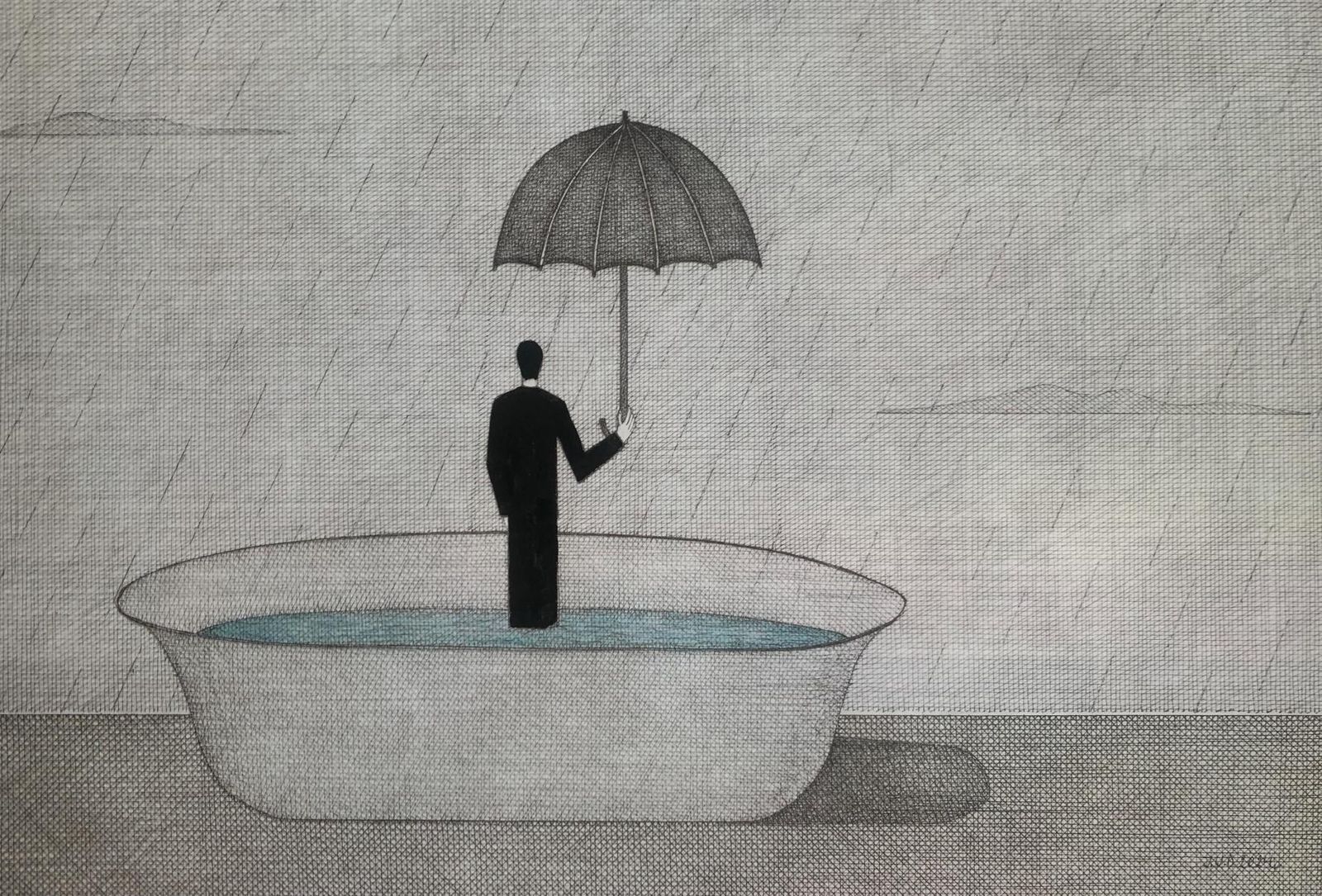 Joanna Wiszniewska Domanskaman In Rain. Figurative Print, Symbolic Surrealism, Polish Art2024