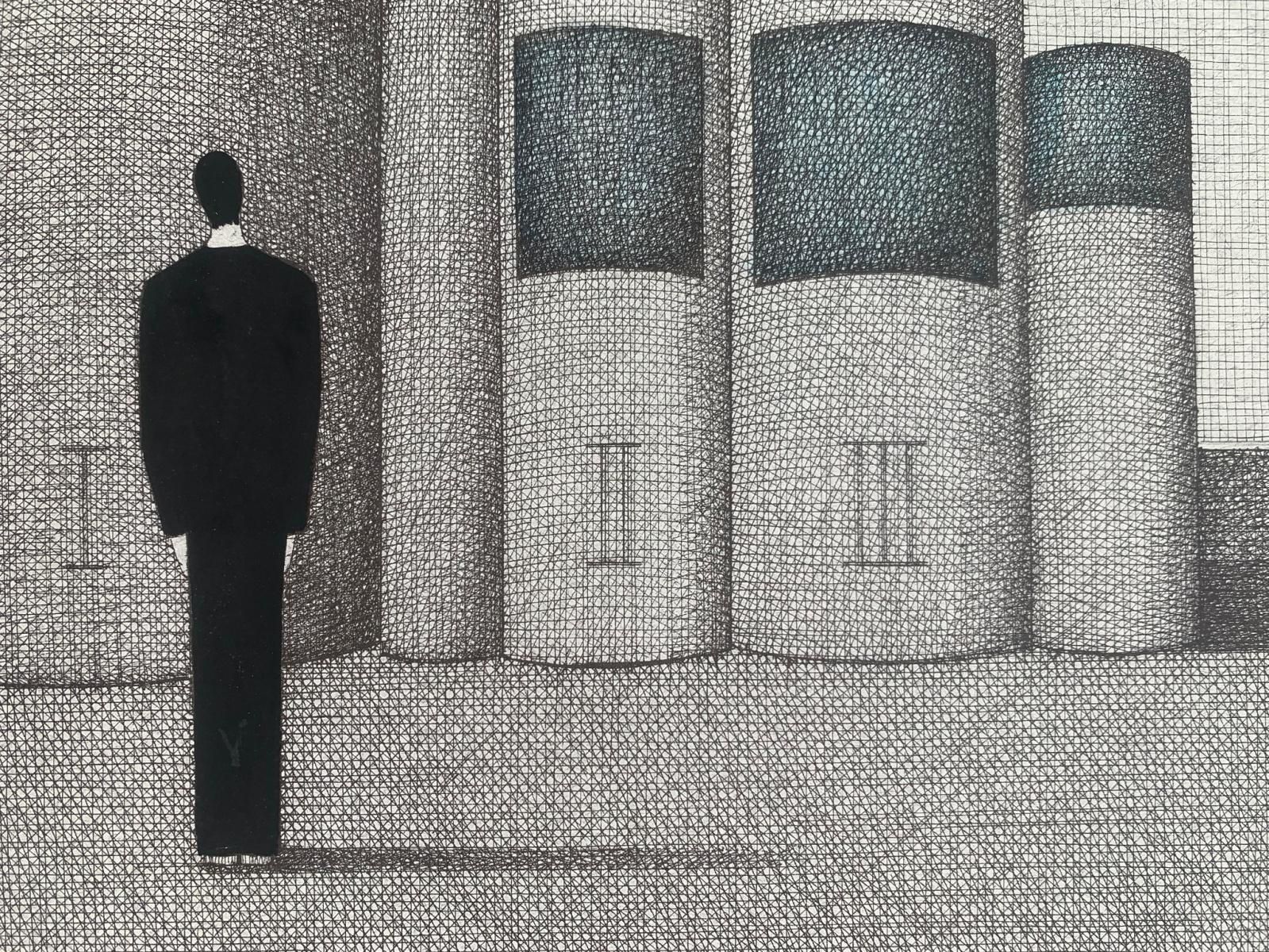Joanna Wiszniewska Domanskadiaries. Figurative Print, Symbolic Surrealism, Grey And Blue, Polish Art2001 photo furniture