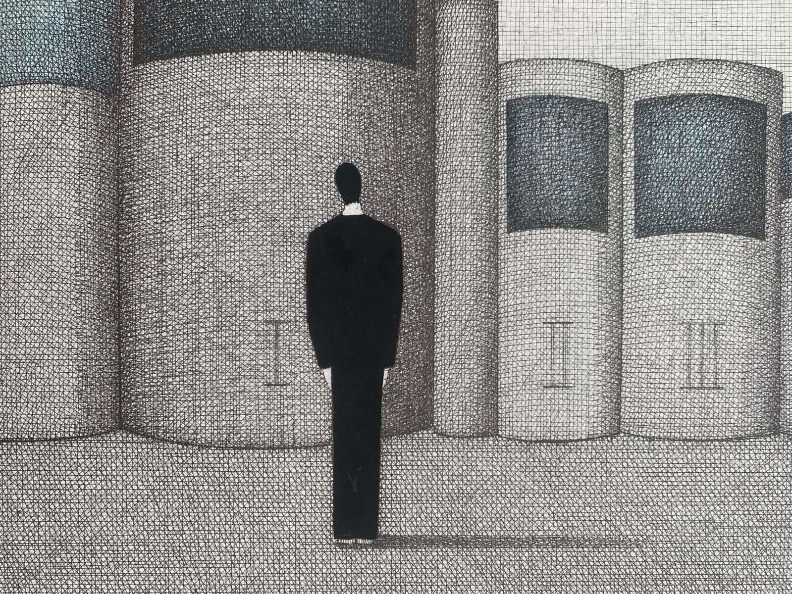 Joanna Wiszniewska Domanskadiaries. Figurative Print, Symbolic Surrealism, Grey And Blue, Polish Art2001 photo for sale