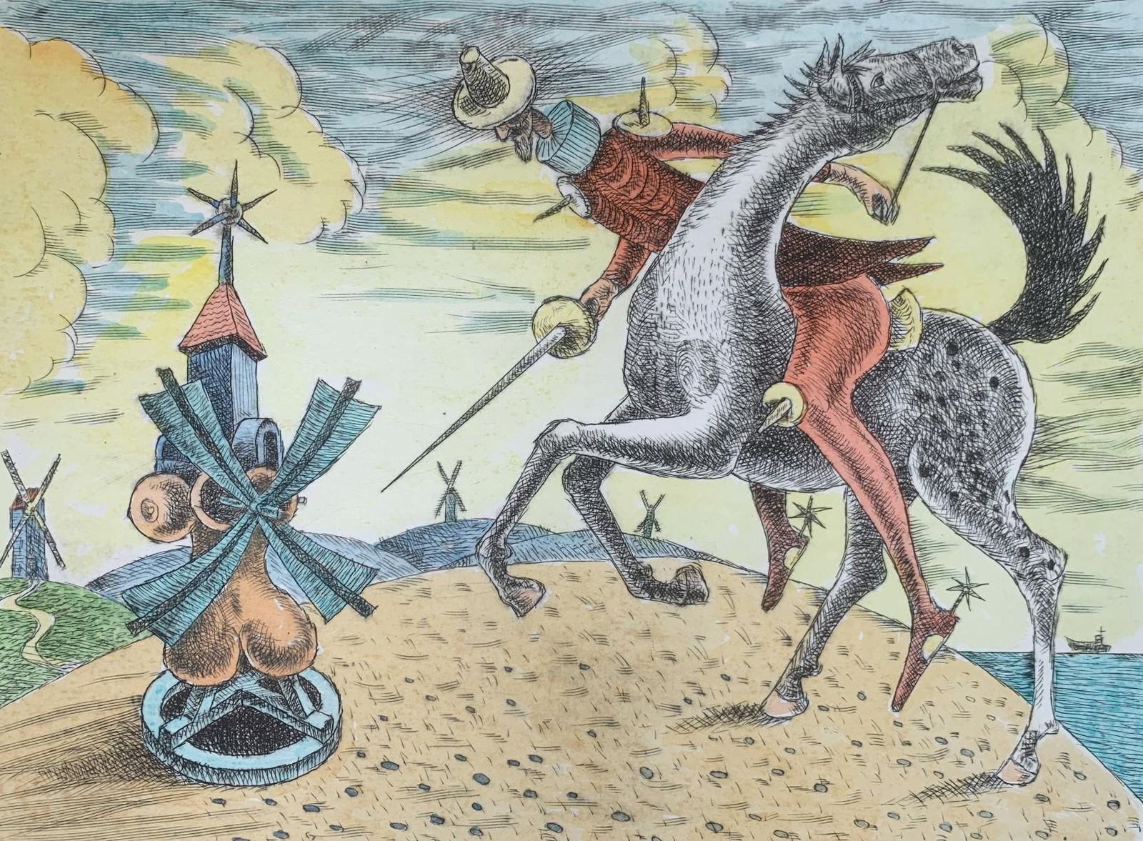 Czeslaw Tumielewiczdon Kichote Attacking. Figurative Drypoint Etching Print, Colorful, Polish Art2007