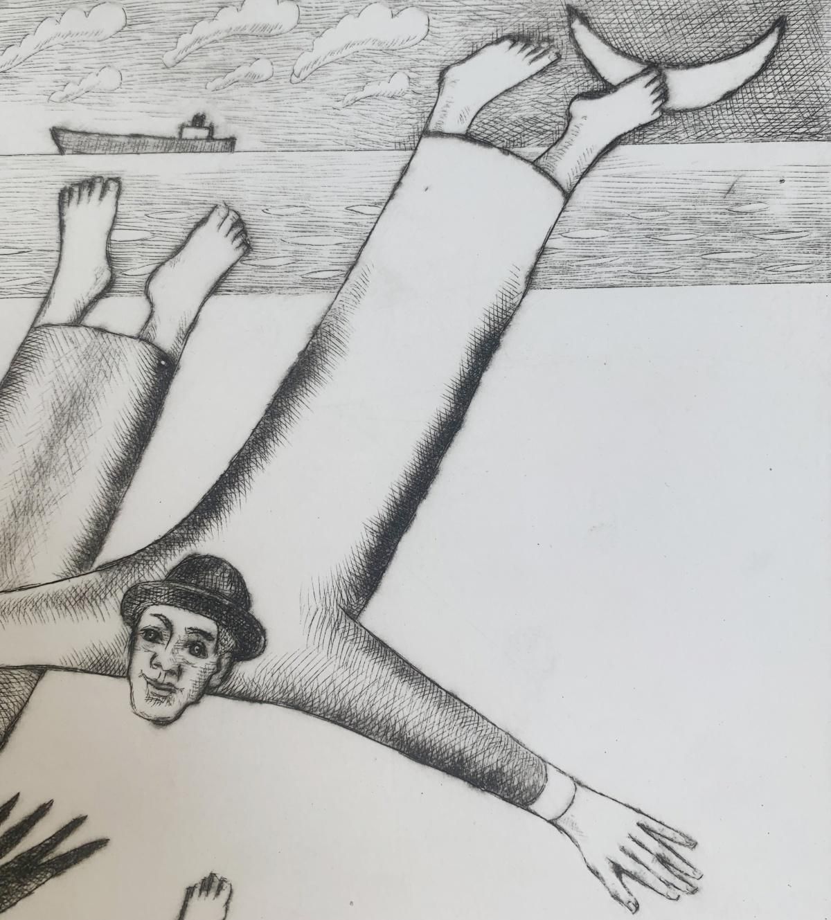 Czeslaw Tumielewiczflight Above Manor. Figurative Etching Print, Black And White, Polish Art2017 photo for sale