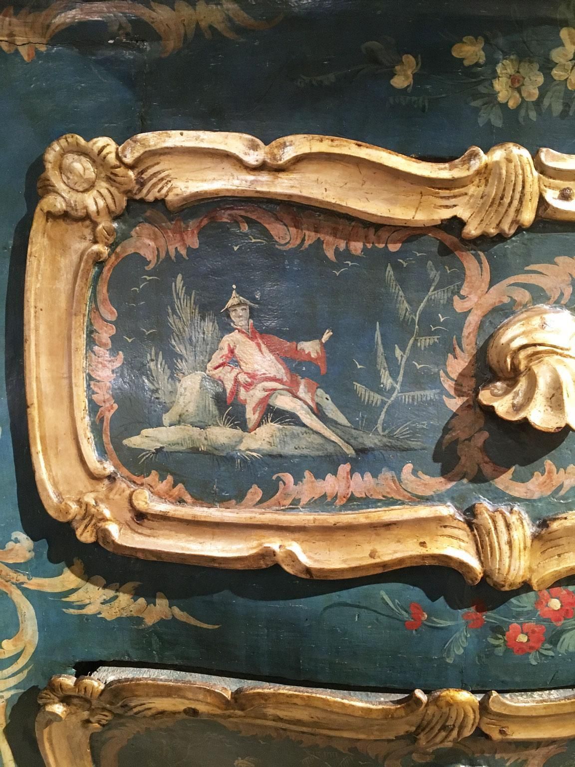 1750 Venezia Italy Blue And Green Lacquered Wooden Engraved Commode With Flowers photo 557520.0