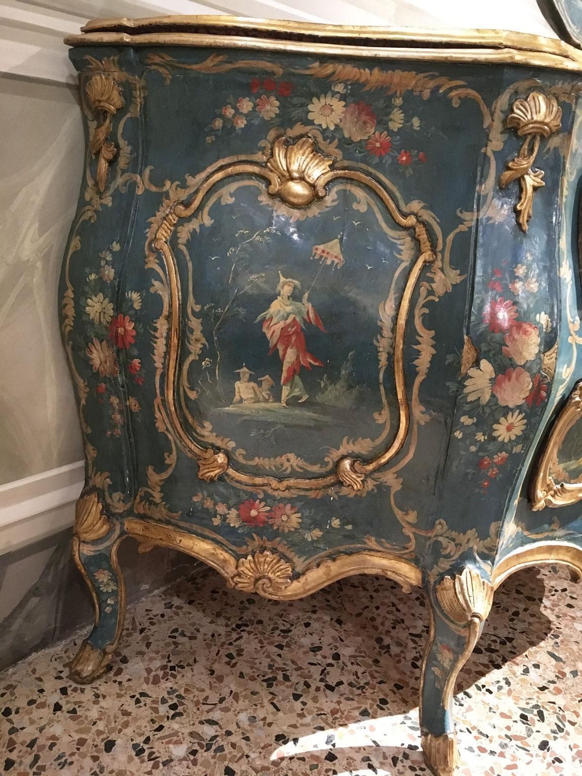 1750 Venezia Italy Blue And Green Lacquered Wooden Engraved Commode With Flowers photo vintage