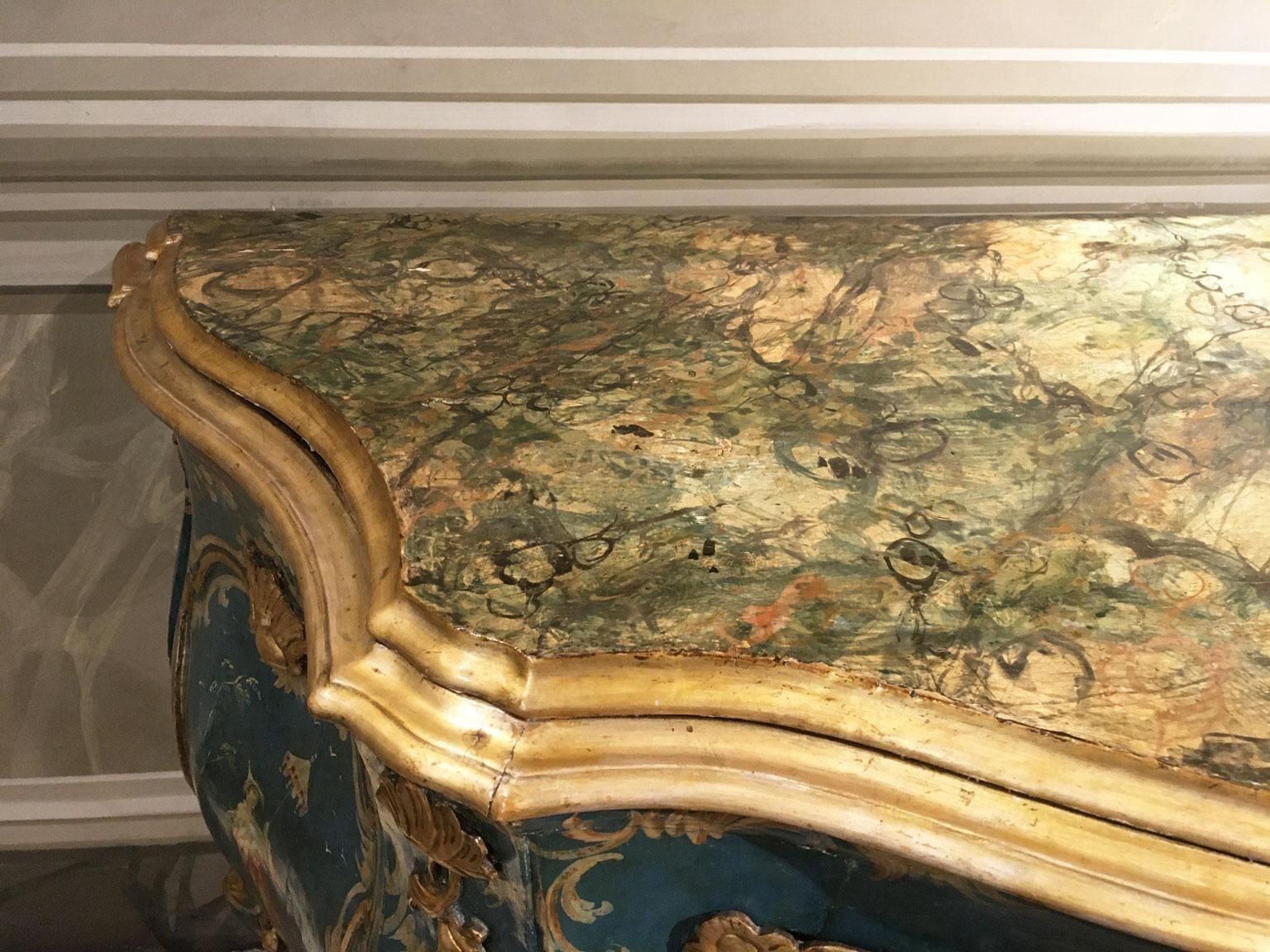 557520.0 1750 Venezia Italy Blue And Green Lacquered Wooden Engraved Commode With Flowers photo