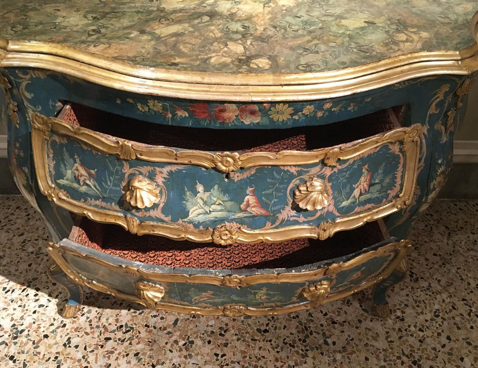 photo buy 1750 Venezia Italy Blue And Green Lacquered Wooden Engraved Commode With Flowers