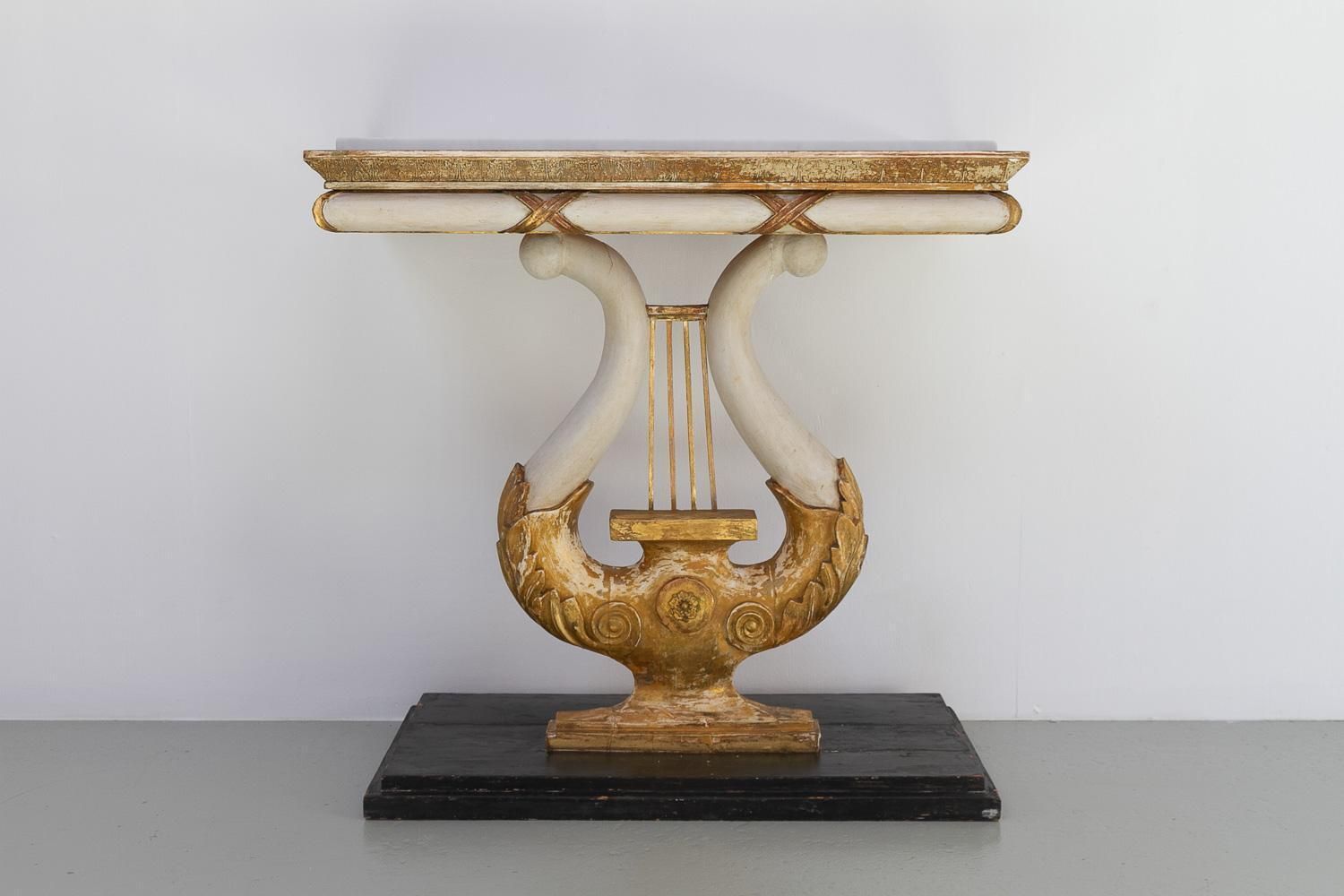 Swedish Gustavian Giltwood Console Table With Lyre And Marble Top, 1800s. photo Furniture