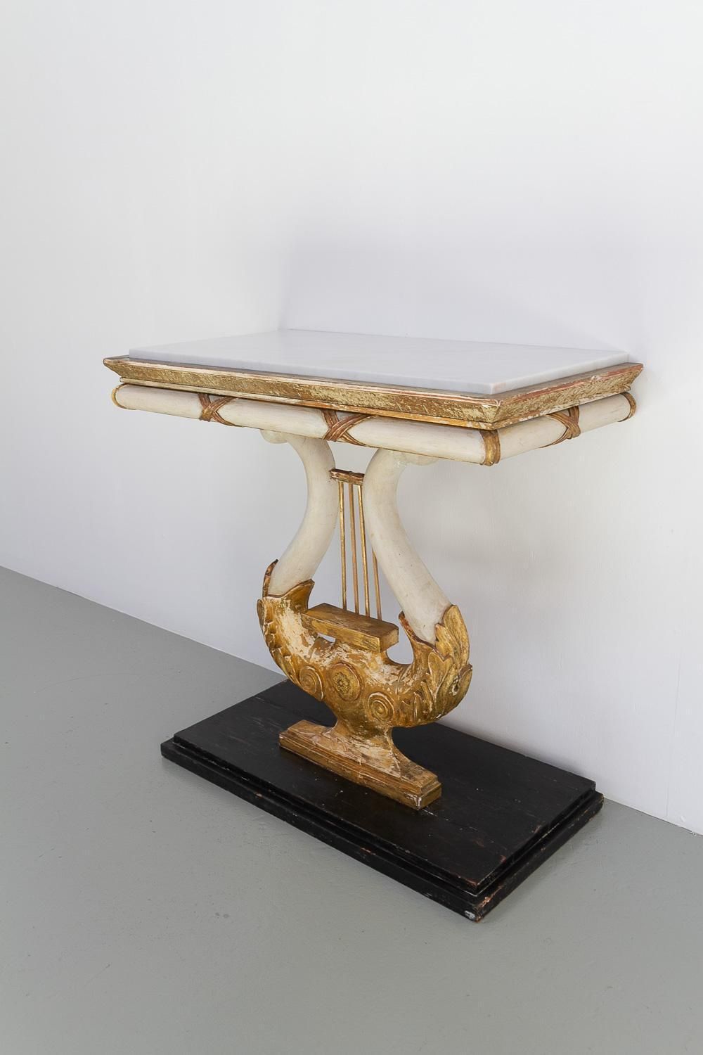Swedish Gustavian Giltwood Console Table With Lyre And Marble Top, 1800s. photo vinterior
