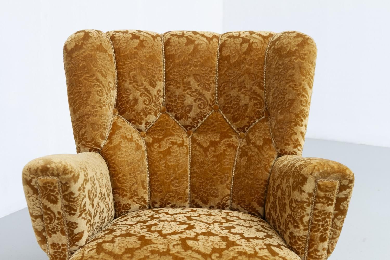 photo furniture Danish Art Deco Lounge Chair In Golden Yellow Velvet, 1940s.