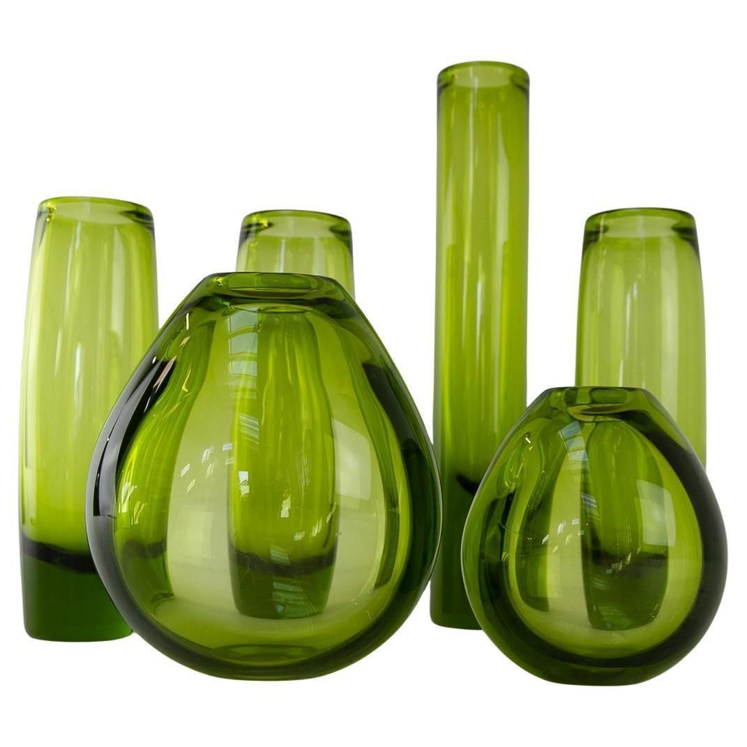 Danish Maygreen Tall And Drop Vases By Per Lütken For Holmegaard 1960s. Set Of 6