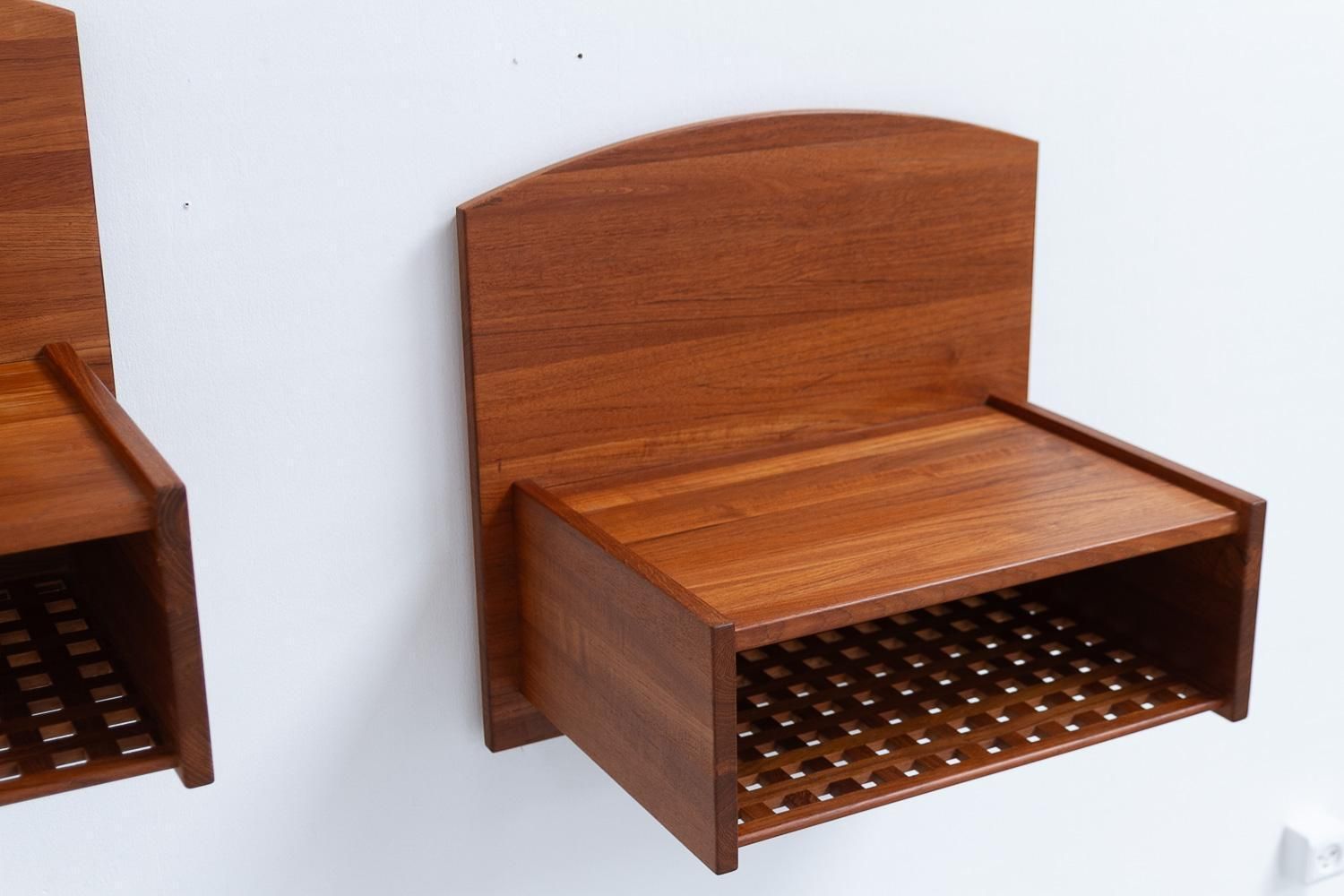 photo for sale Danish Wall Mounted Bedside Tables In Solid Teak By Trip Trap, 1980s. Set Of 2.