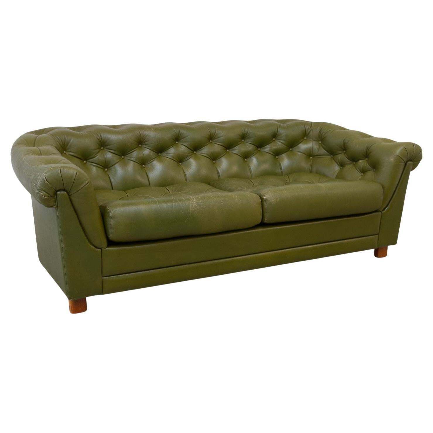 Vintage Swedish Green Leather Chesterfield Sofa, 1970s.
