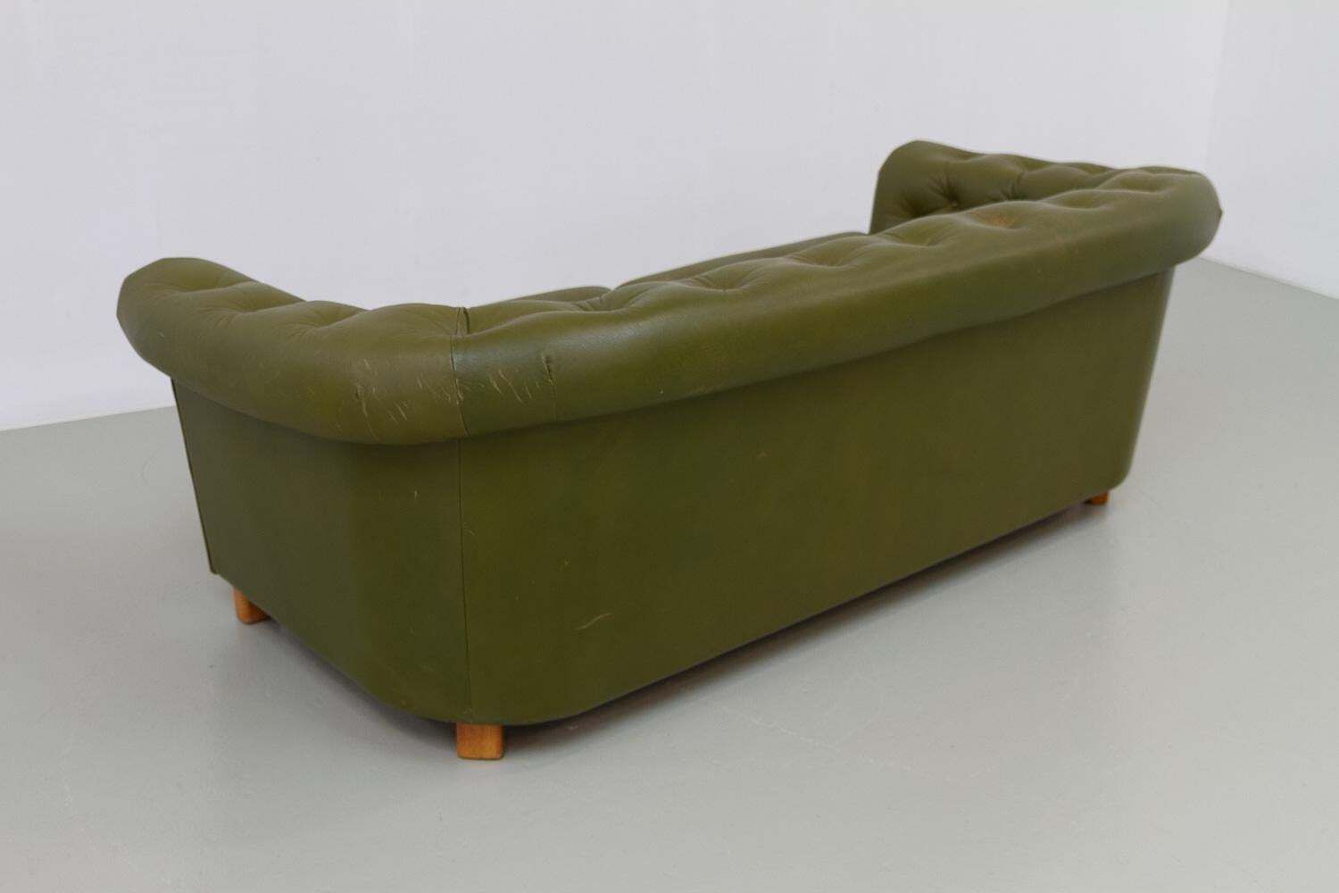 photo for sale Vintage Swedish Green Leather Chesterfield Sofa, 1970s.