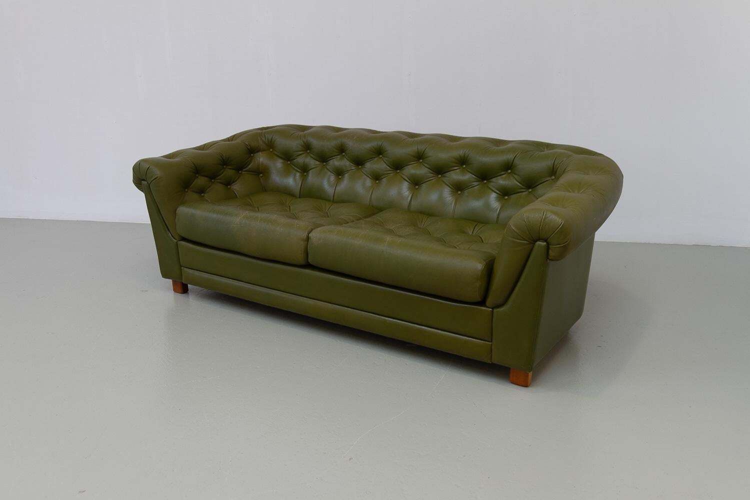 photo buy Vintage Swedish Green Leather Chesterfield Sofa, 1970s.