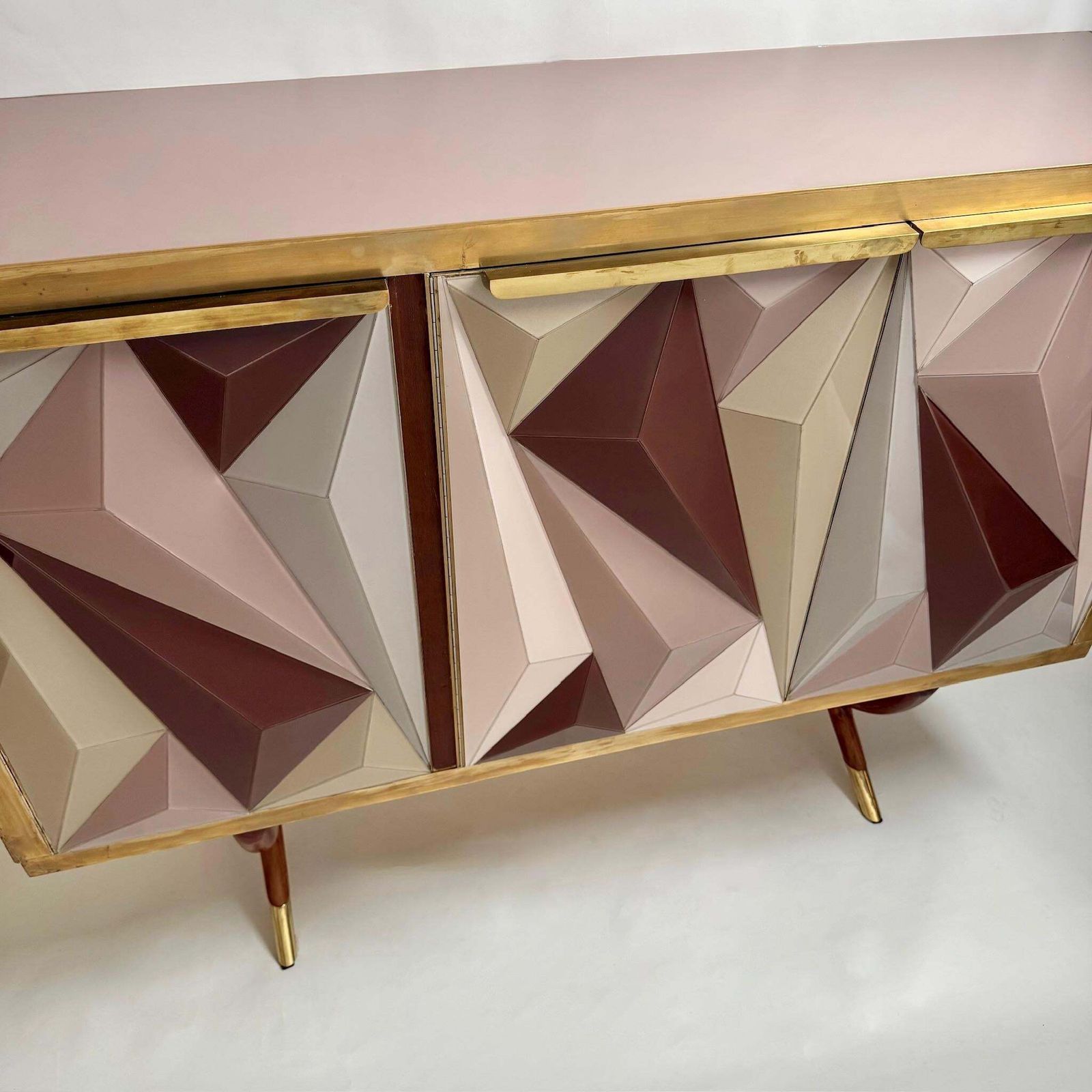 Mid Century Modern Cherry Wood Brass & Three Dimensional Opaline Glass Cabinet photo for sale