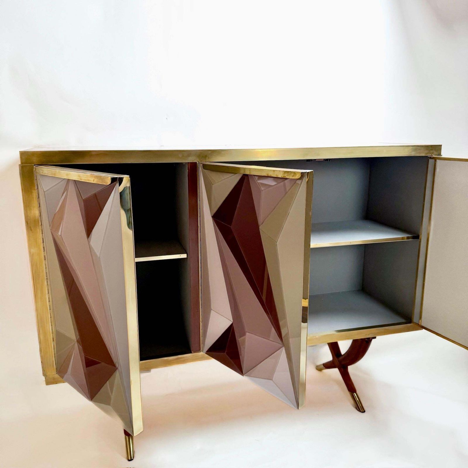 Mid Century Modern Cherry Wood Brass & Three Dimensional Opaline Glass Cabinet photo Furniture