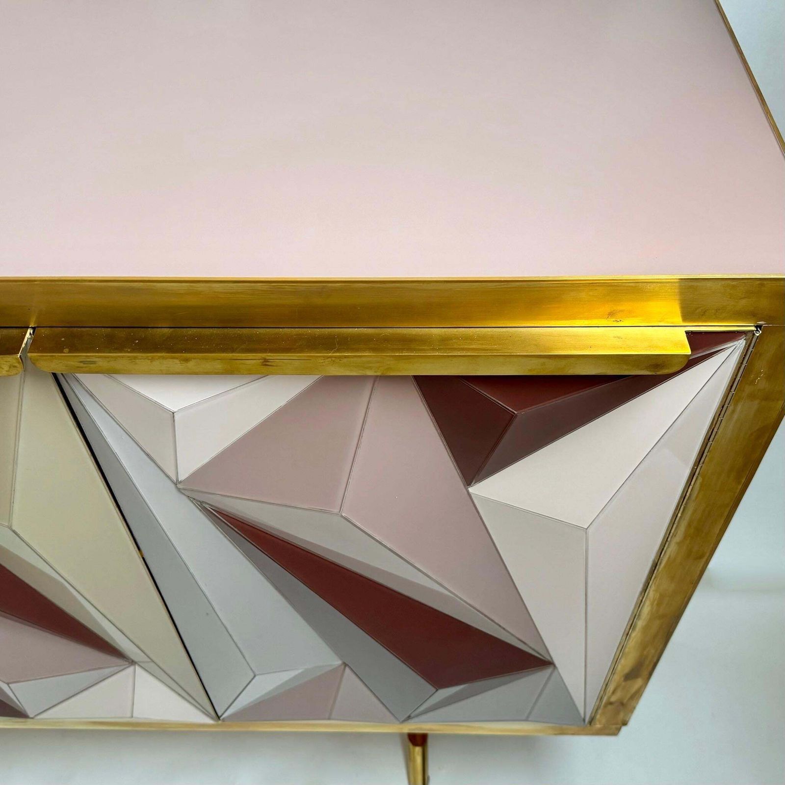 photo buy Mid Century Modern Cherry Wood Brass & Three Dimensional Opaline Glass Cabinet