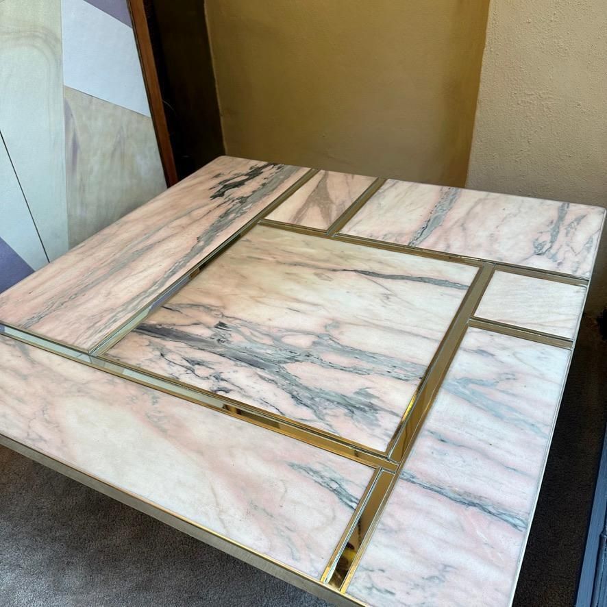 Late 20th Century Italian Square Brass W/ Mirror & Pink Onyx Top Coffee Table photo furniture