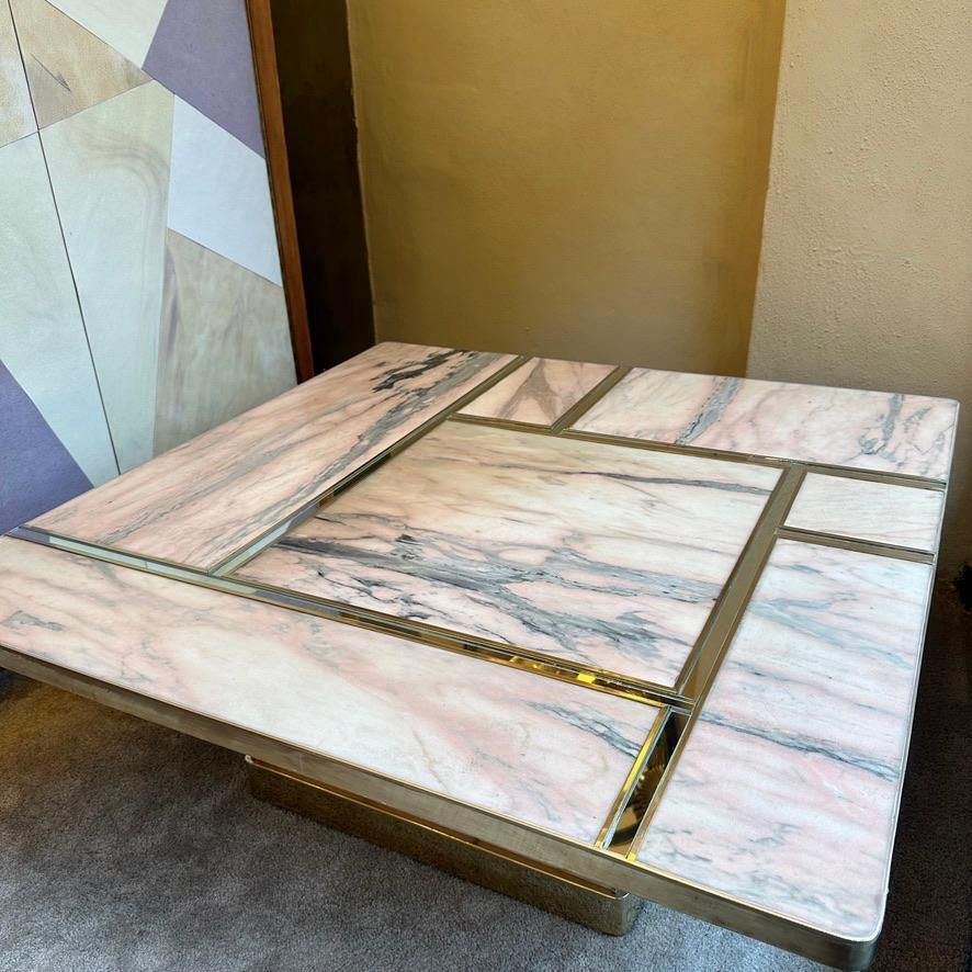 Late 20th Century Italian Square Brass W/ Mirror & Pink Onyx Top Coffee Table photo 8234.0