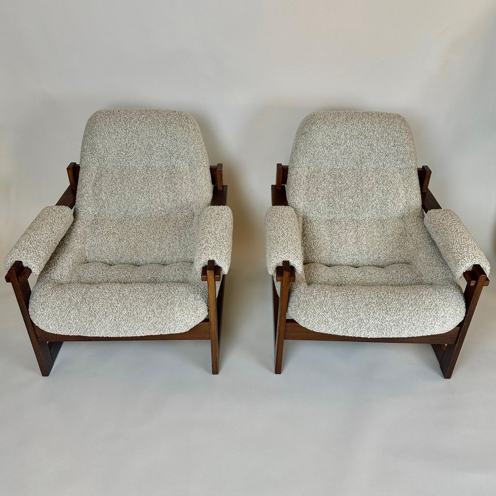 Pair Of Brazilian Wood & Beige Wool Bouclè Mp 163 Earth Chairs By Percival Lafer photo furniture