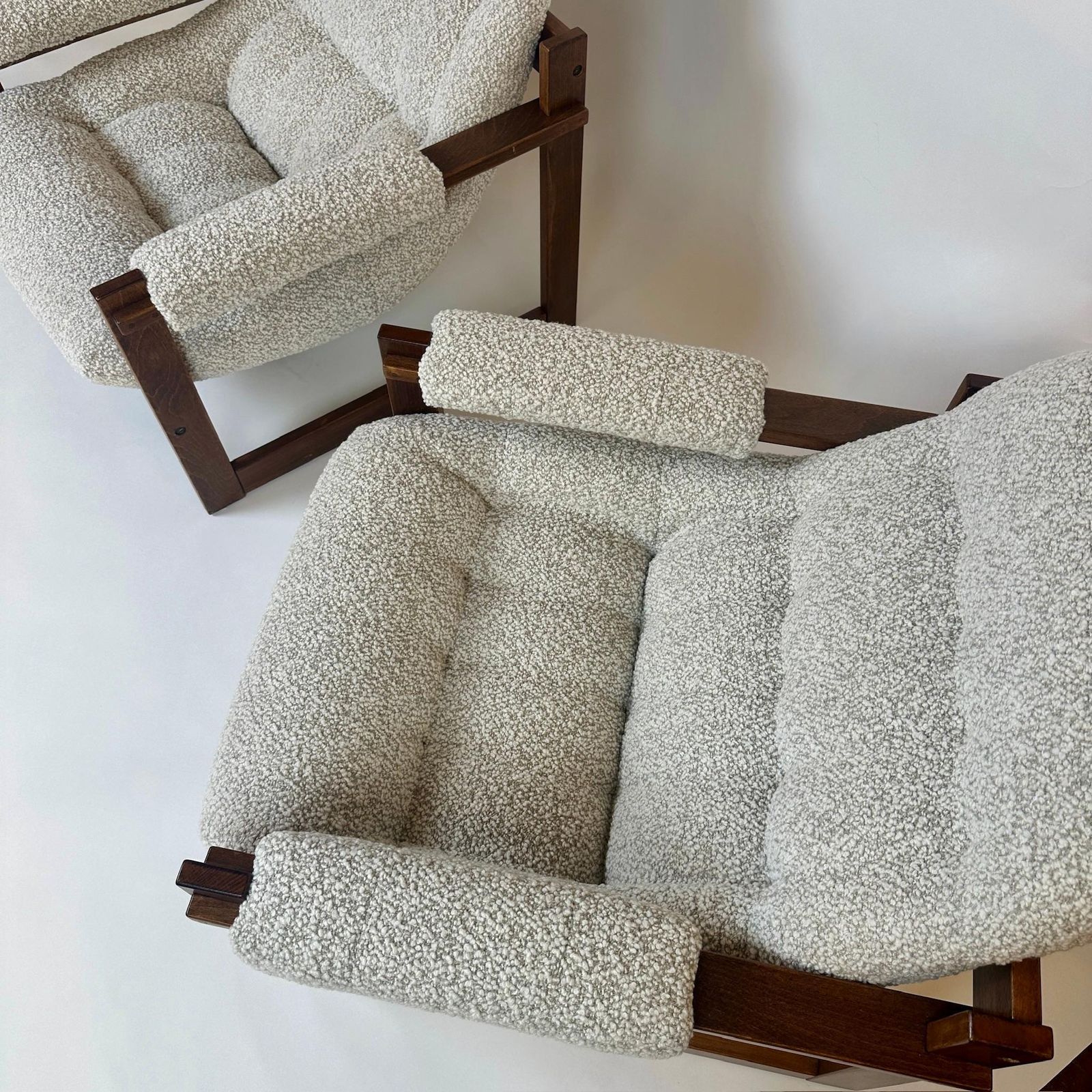 photo for sale Pair Of Brazilian Wood & Beige Wool Bouclè Mp 163 Earth Chairs By Percival Lafer