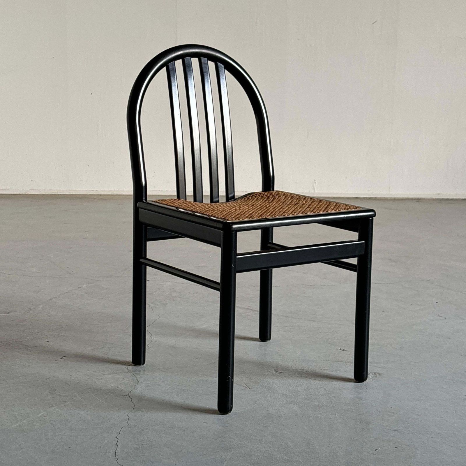 Vintage Mid Century Dining Chairs In Black Lacquered Wood And Cane, 1980s Italy photo furniture