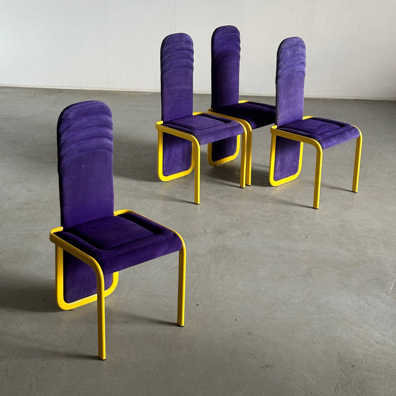 Set Of 4 Memphis Style Postmodern Dining Chairs In Purple And Yellow photo for sale