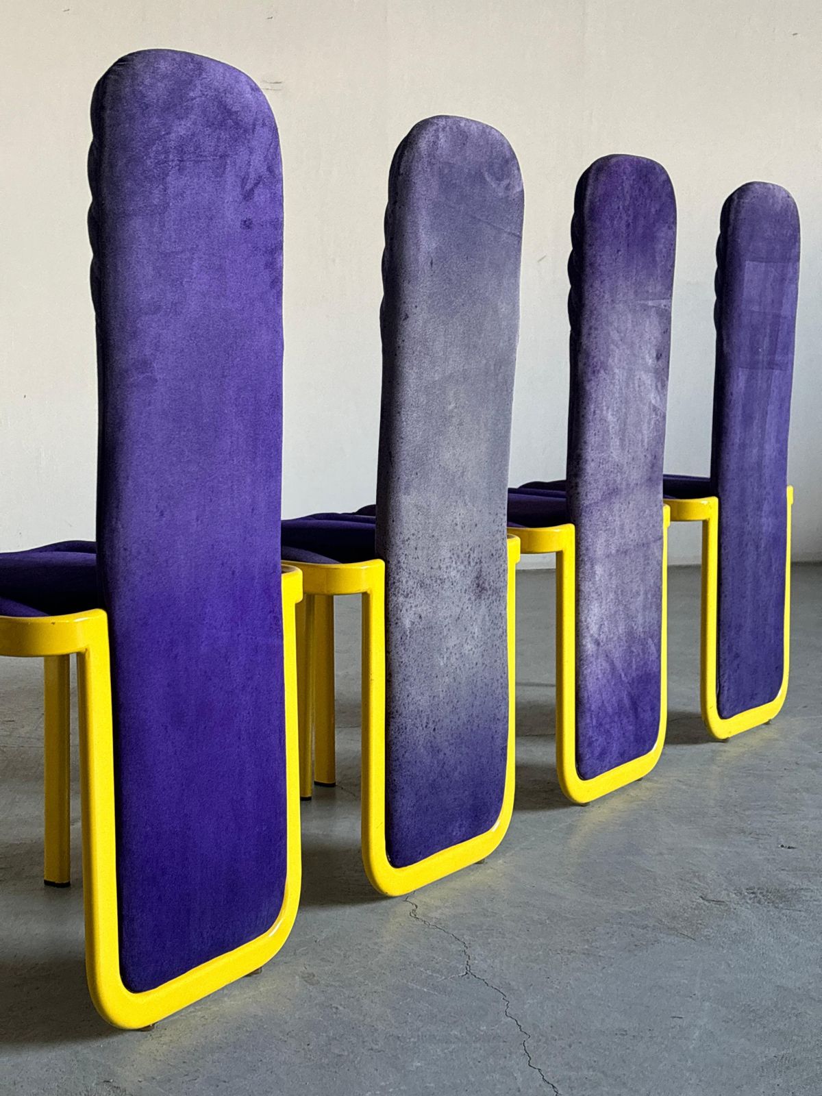 Set Of 4 Memphis Style Postmodern Dining Chairs In Purple And Yellow photo vintage