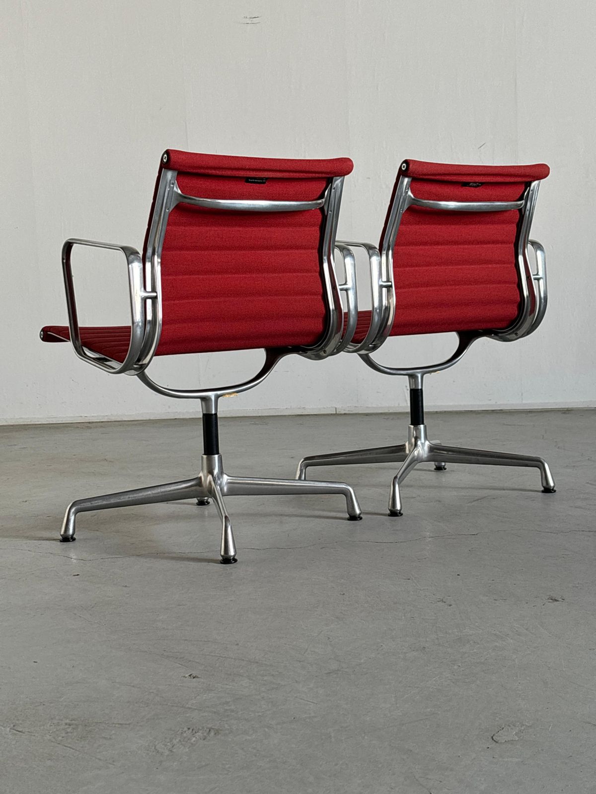 1 Of 2 Vintage Iconic Eames 'Ea107’ Desk Chairs By Vitra, Red Fabric, 1990s photo vinterior