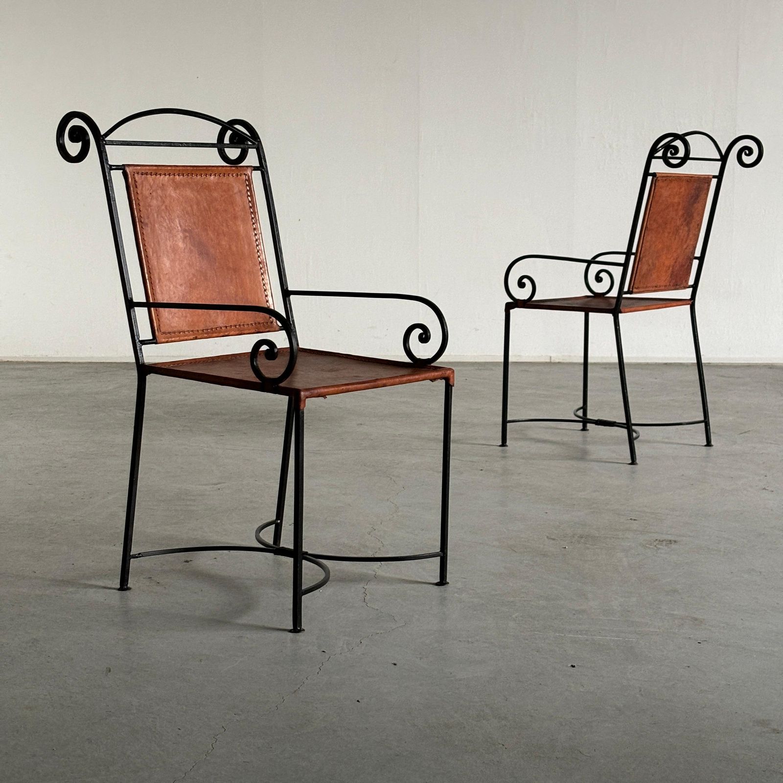 1 Of 2 French Artisanal Wrought Iron And Cognac Leather Swirl Armchairs, 1980s photo furniture