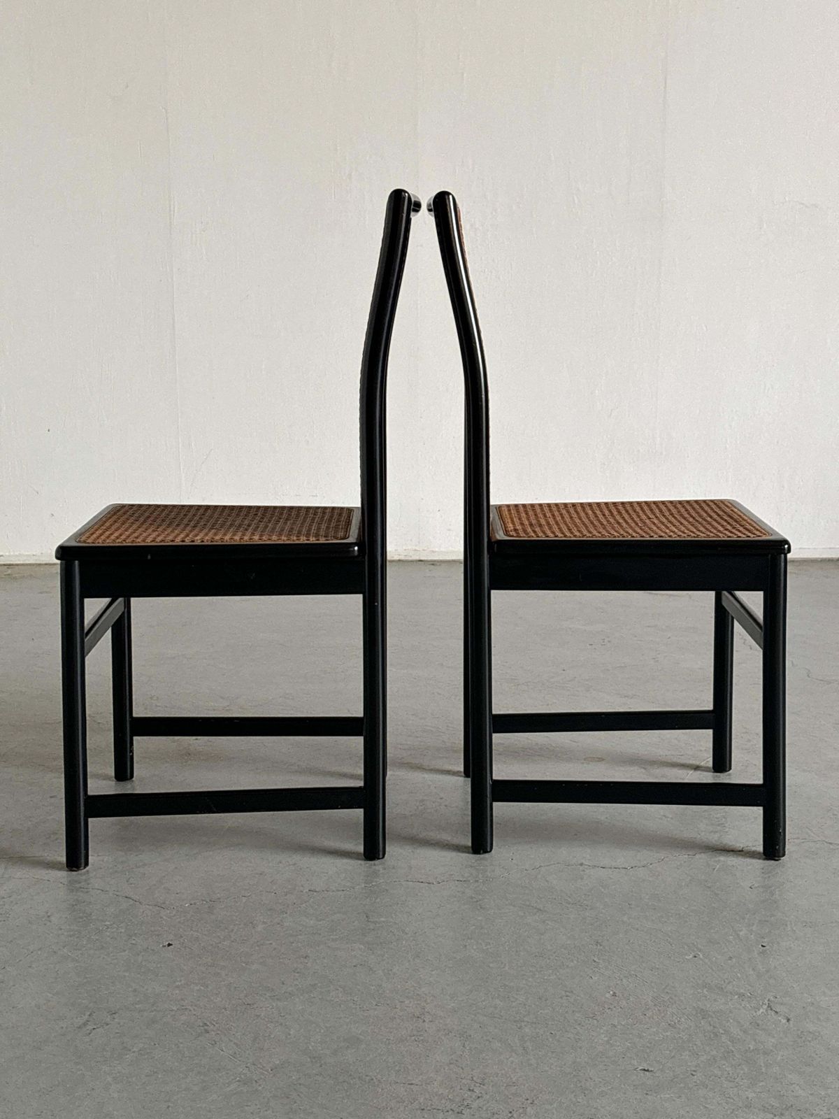 Pair Of Vintage Mid Century Dining Chairs In Black Lacquered Wood & Cane, Italy photo vinterior