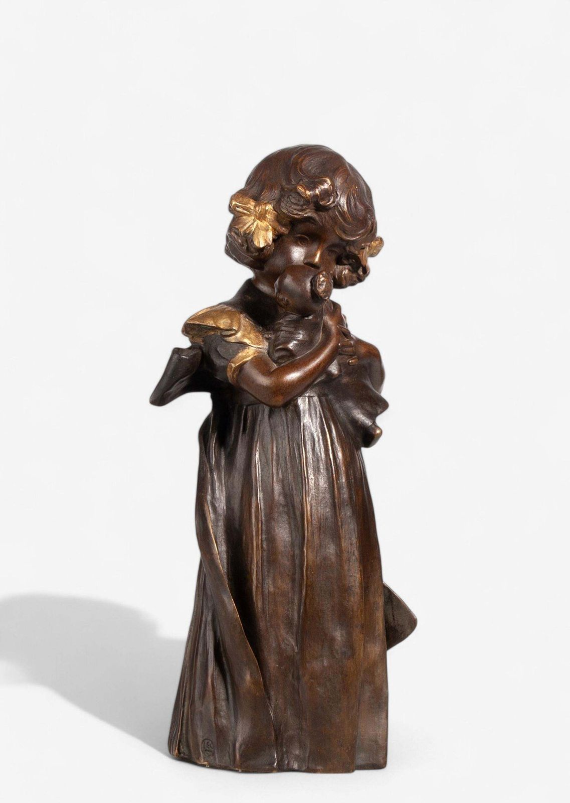 1900s Art Nouveau Bronze Sculpture Of A Girl With A Doll By Leo Laporte Blairsy, France photo Art