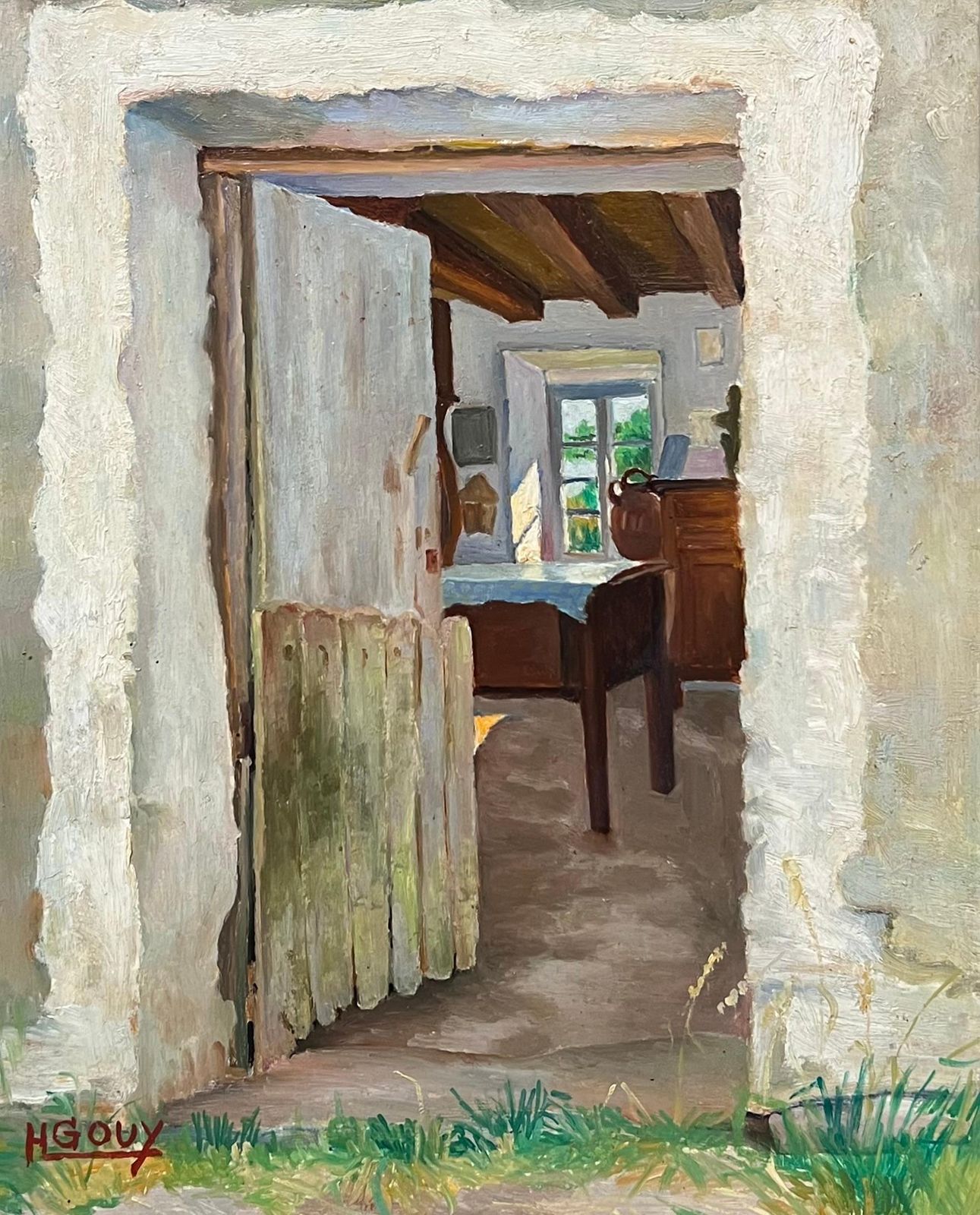 H.Gouymid 20th Century French Signed Oil Painting Cottage Kitchen Door Interior Scene photo for sale