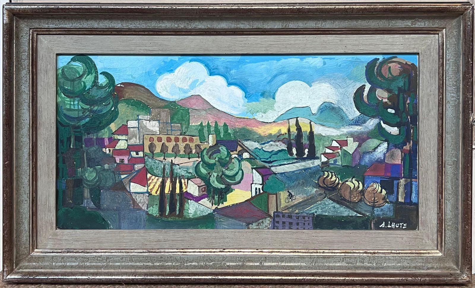 Large 20th Century French Modernist Provencal Landscape Cubist Village Houses20th Century