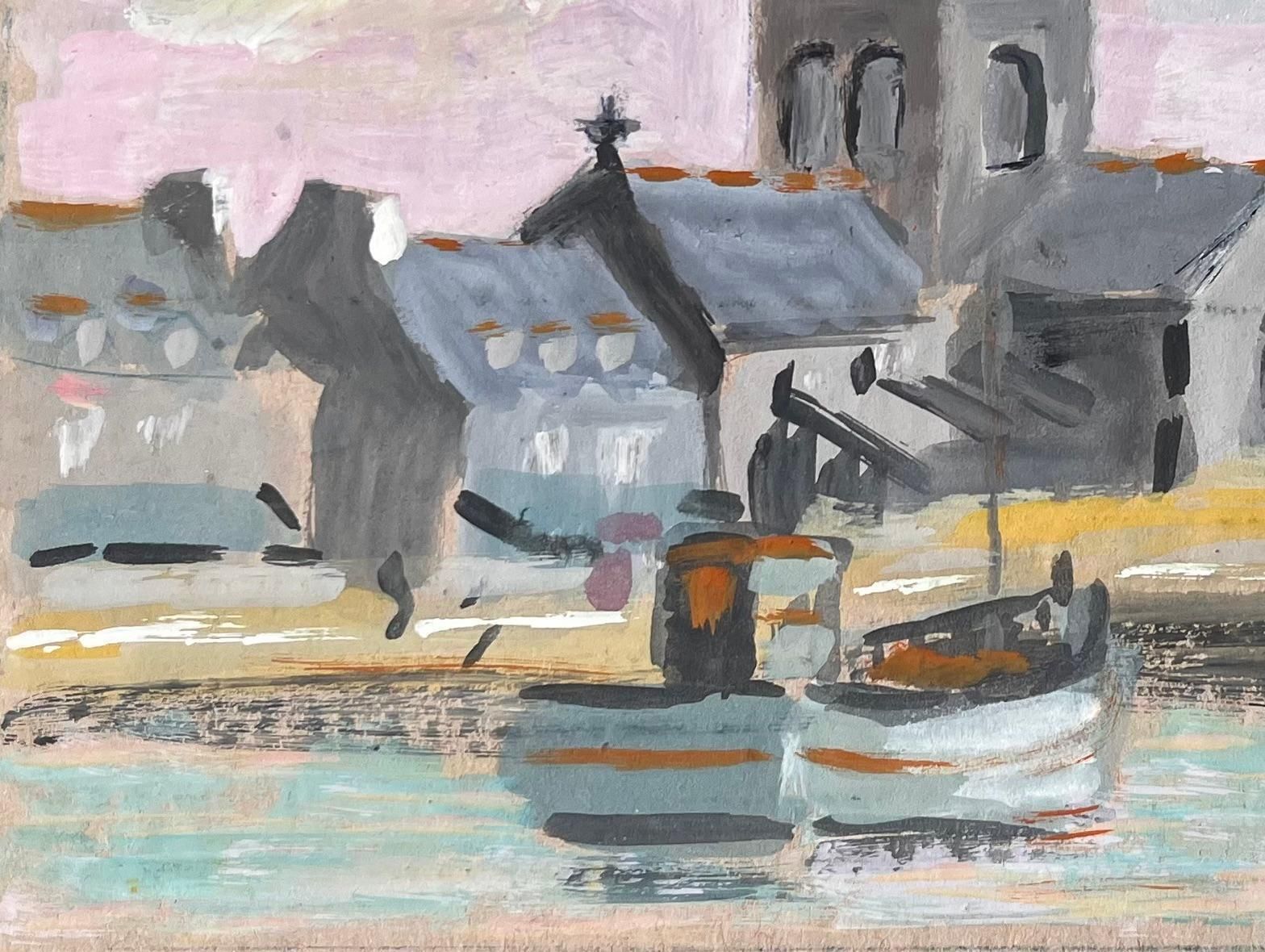 Fanch Lelfrench Harbour Scene With Church Boats And Village Skyline In Gouache photo Art