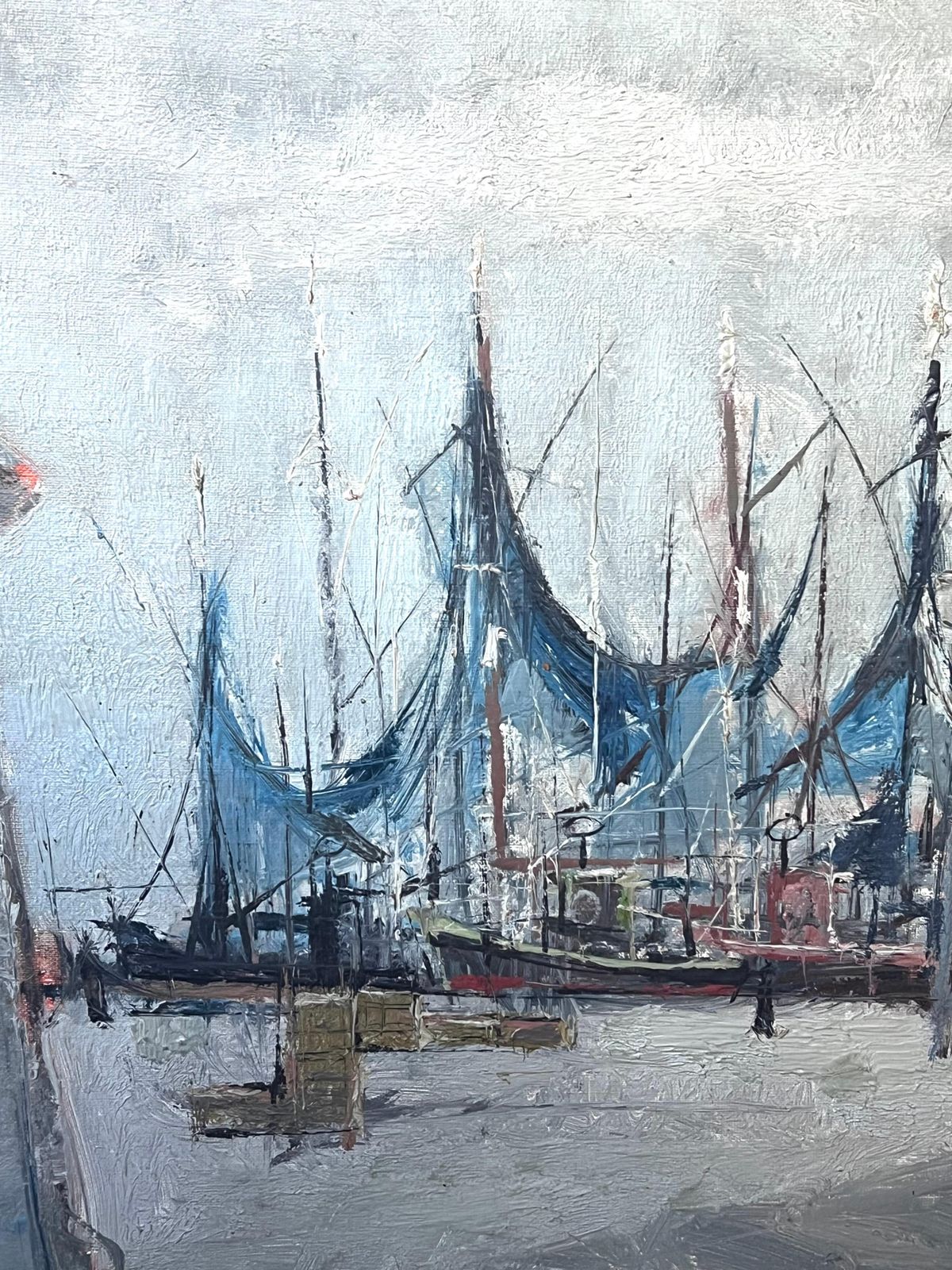 Michel Gassiesmid 20th Century French Signed Oil Painting Boats In Harbor Moody Grey Colors photo 1219.0