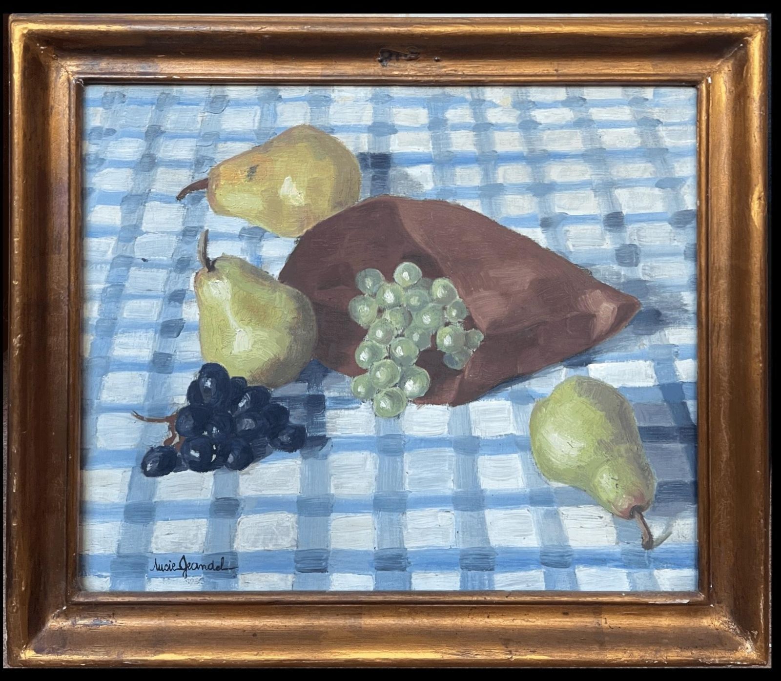 Lucie Jeandelmid 20th Century French Modernist Signed Oil Painting Still Life Pears & Grapes20th Century