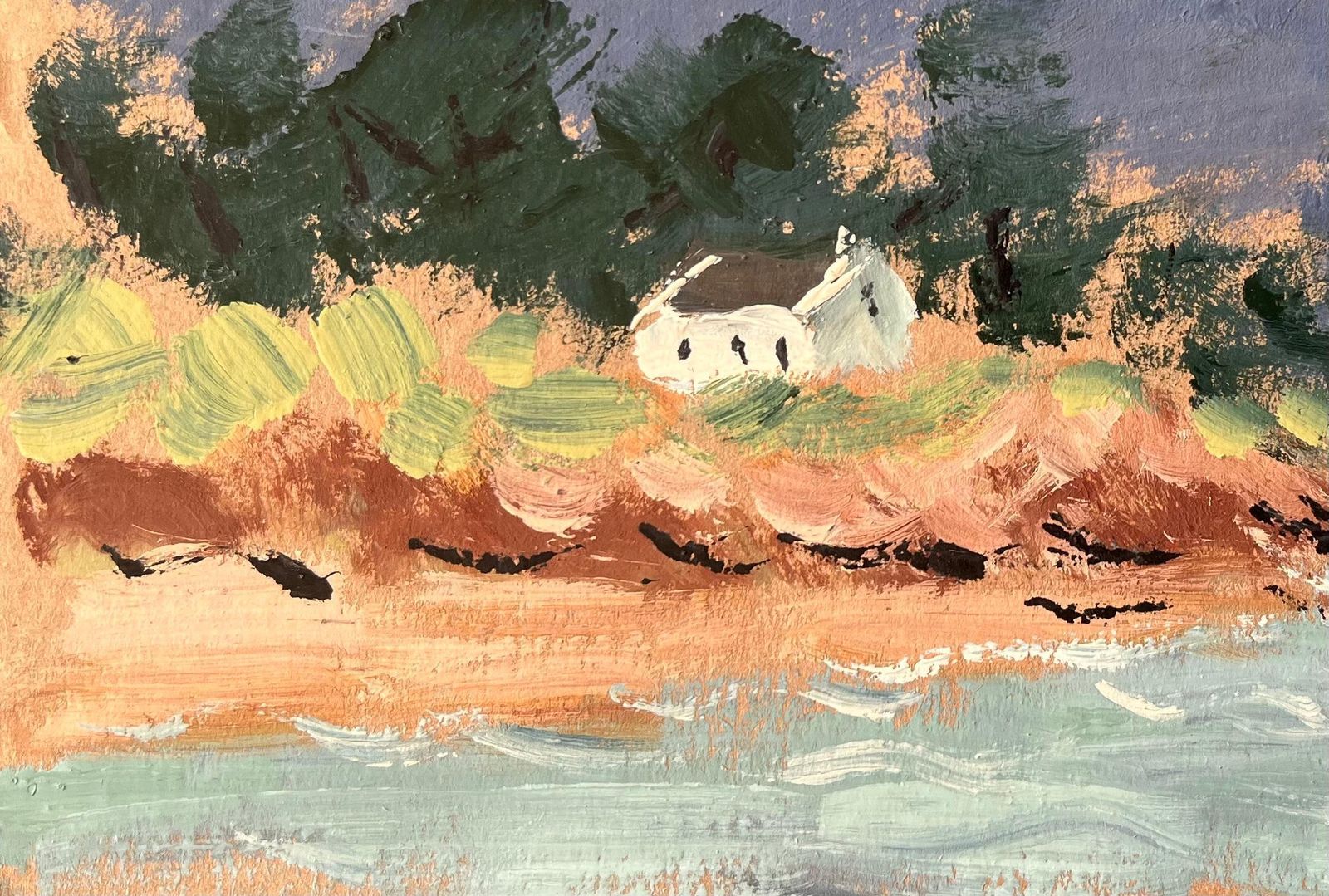 Fanch Lelfrench Coastal Landscape With White Cottage And Sailboat Under A Dark Sky photo for sale