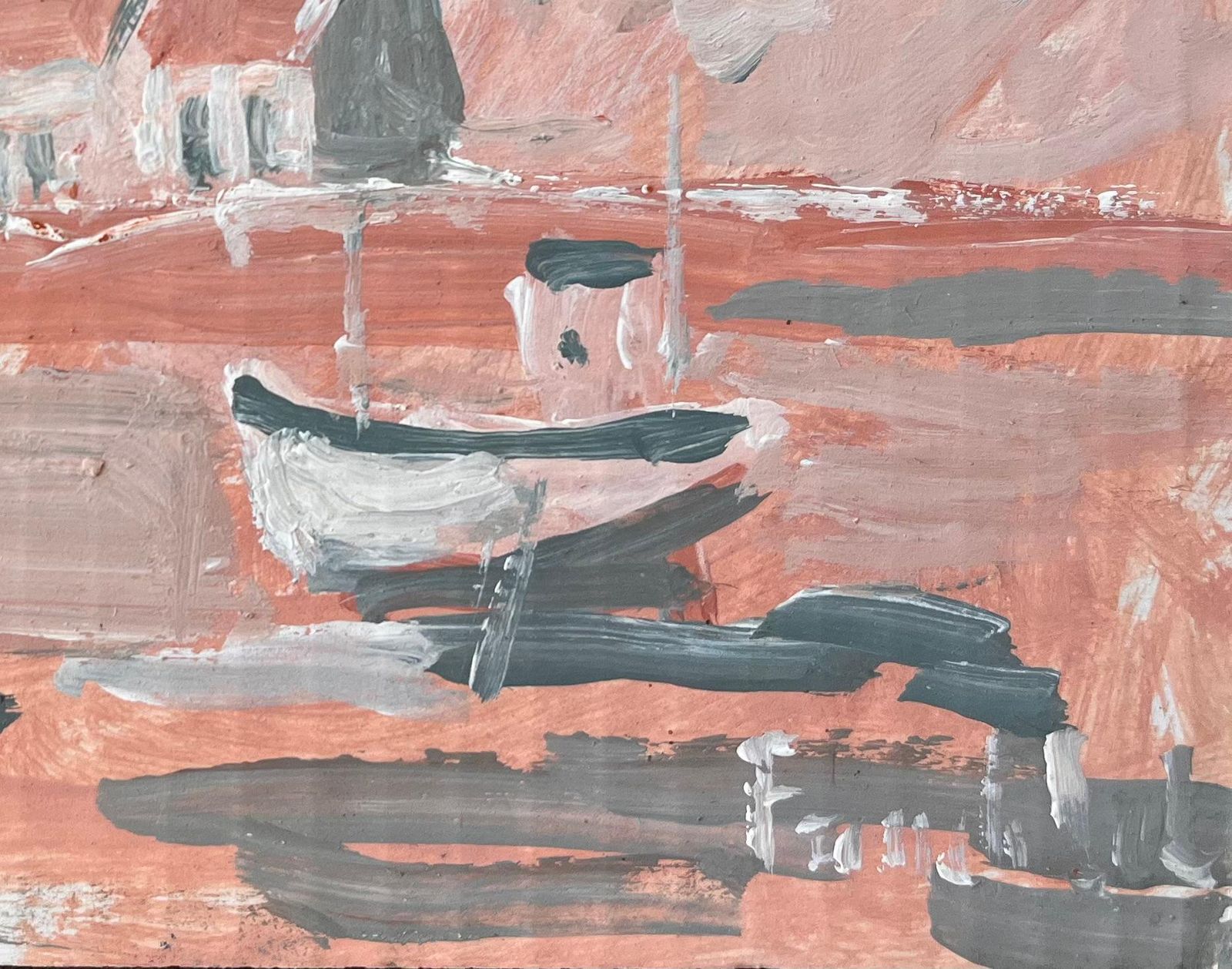 Fanch Lelfrench Monochrome Coastal Scene With Boats And Cottages In Oil photo for sale