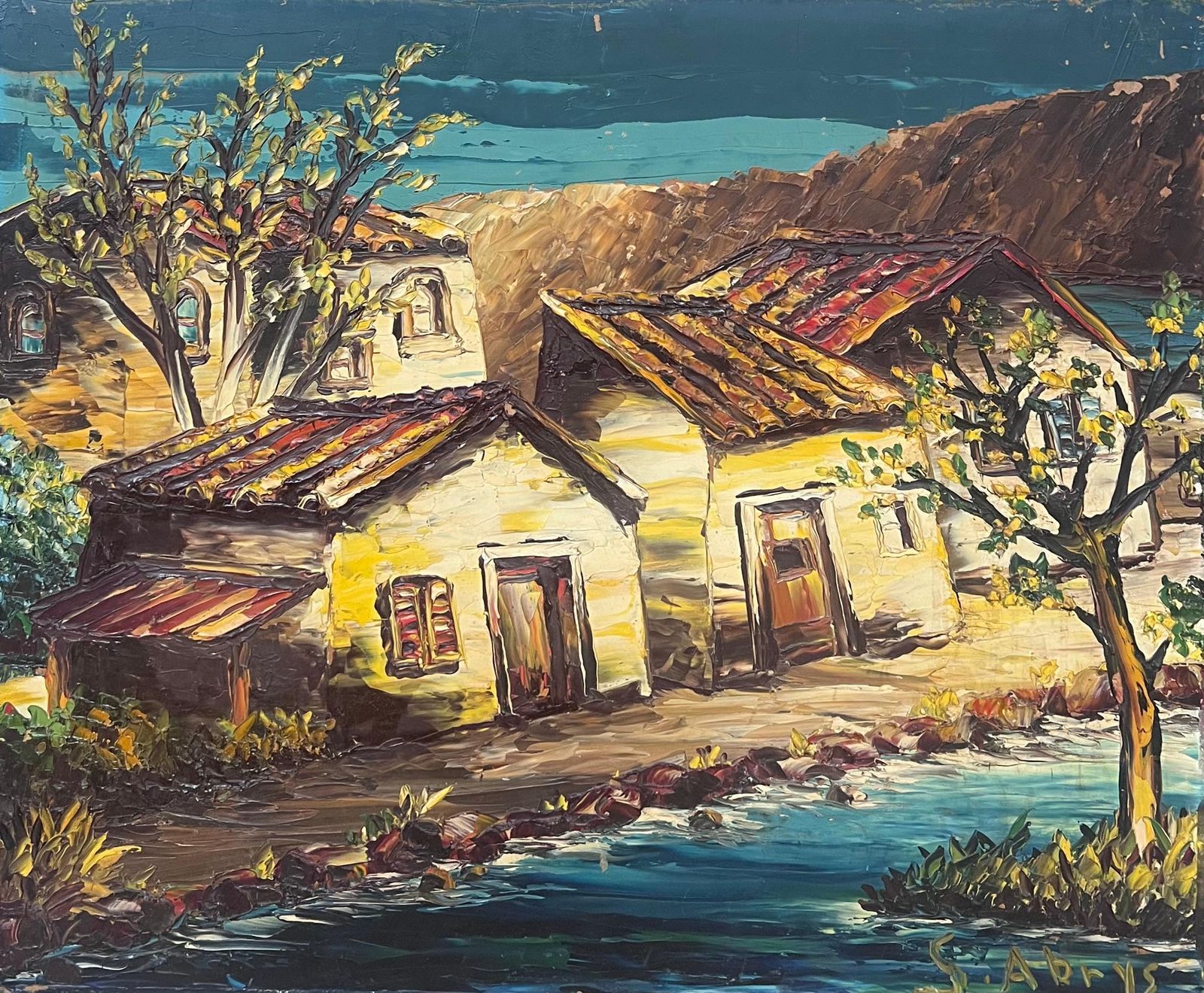 Léon Schwartz   Abrys20th Century French Expressionist Signed Oil Old Houses By River