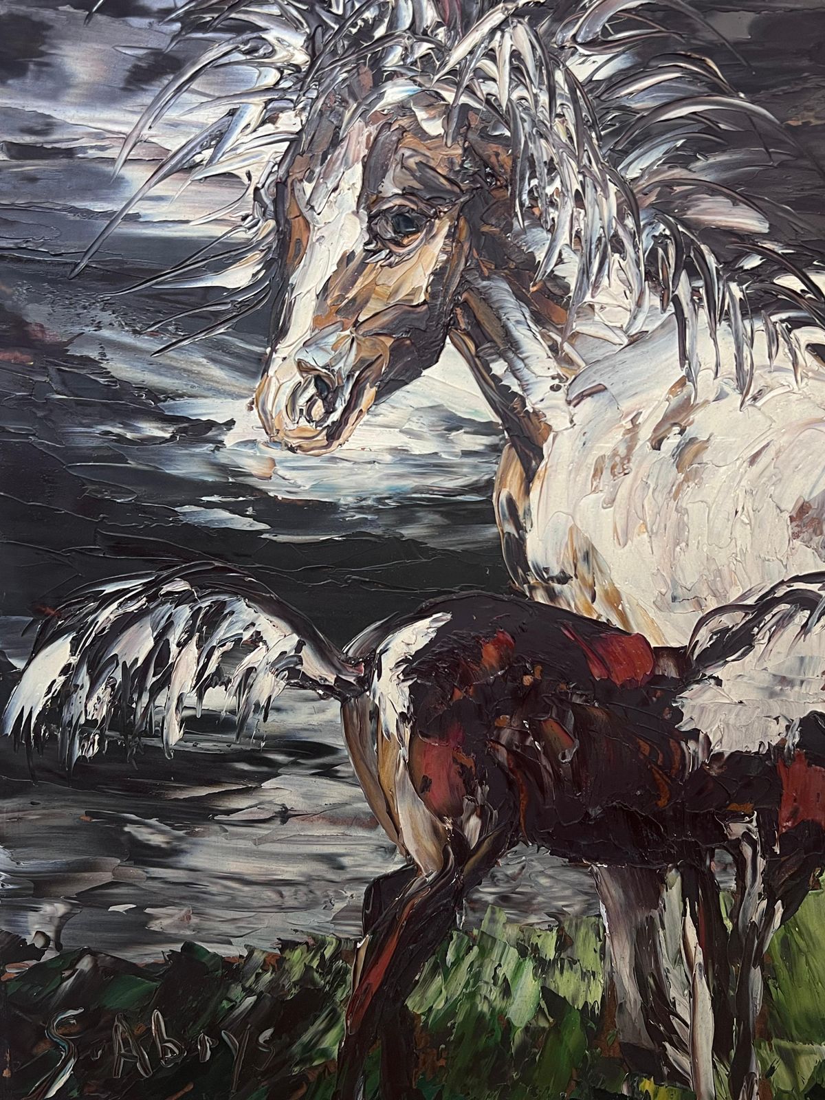 Léon Schwartz Abrysfrench Expressionist Signed Oil Horse & Her Foal In Landscape, 20th Century photo buy