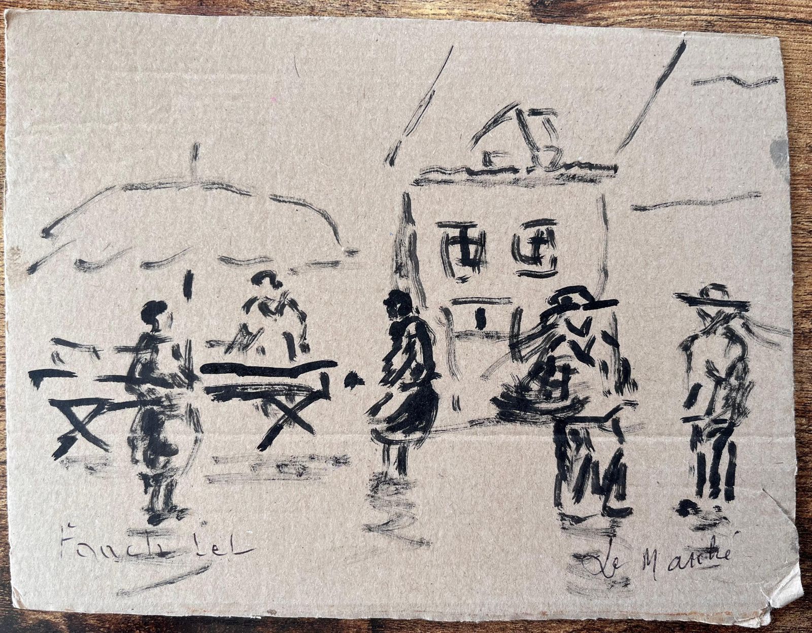Fanch Lelfrench Ink Drawing Of Market Scene With Figures And Umbrella By Fanch Lel photo furniture