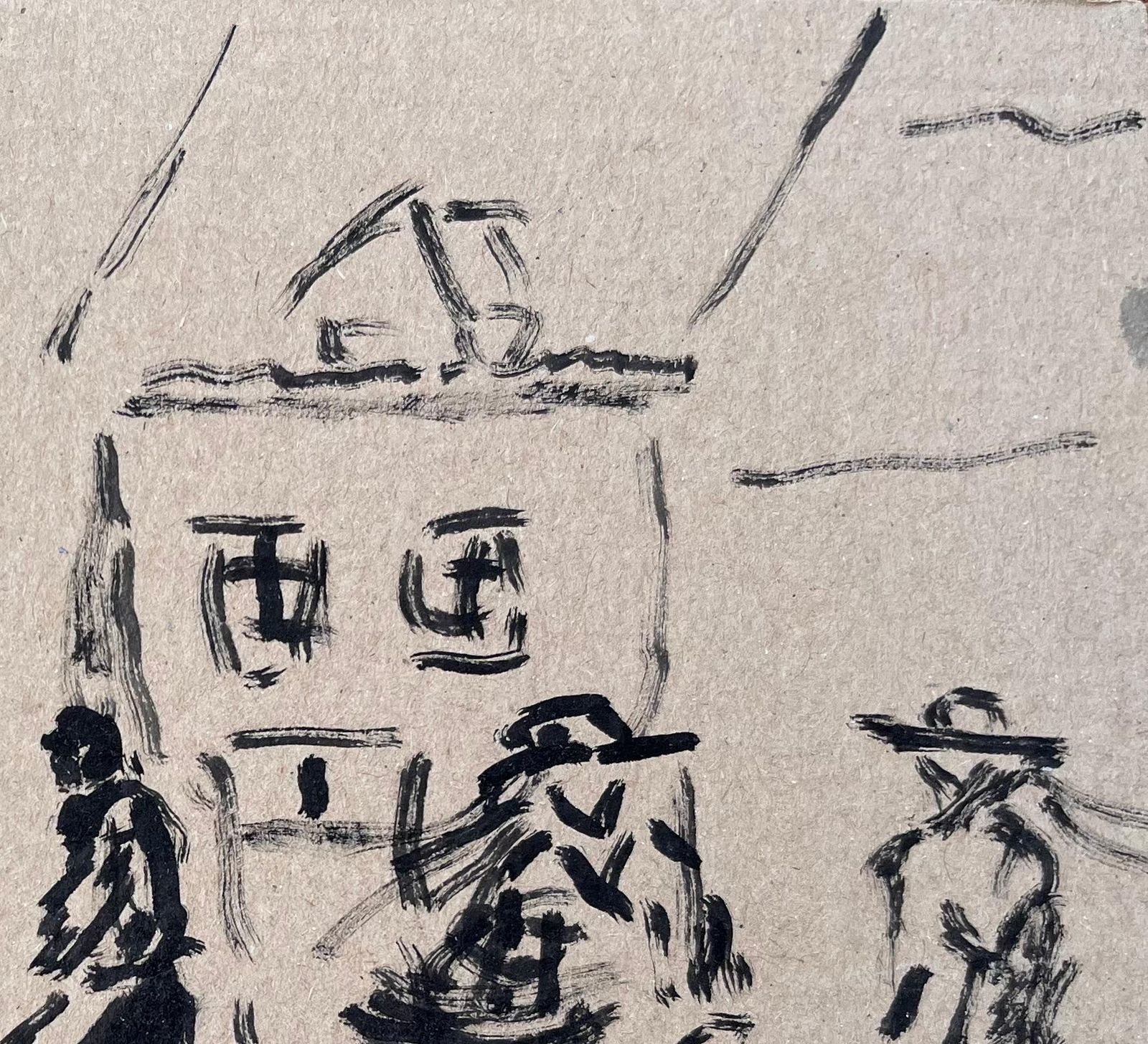 Fanch Lelfrench Ink Drawing Of Market Scene With Figures And Umbrella By Fanch Lel photo for sale