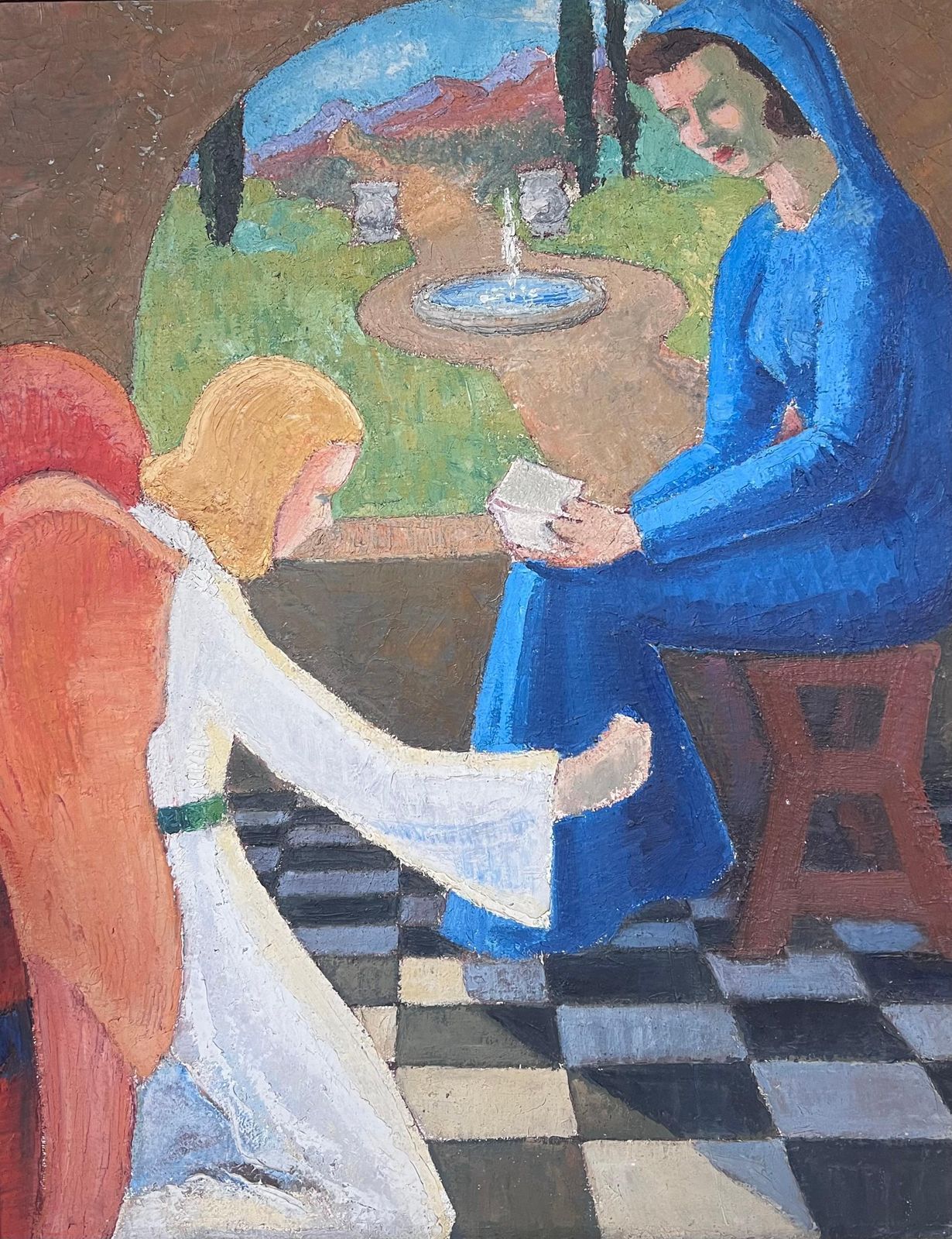 Large 1920's French Nabis School Oil Painting The Annunciation Mary & Angel1920's photo furniture