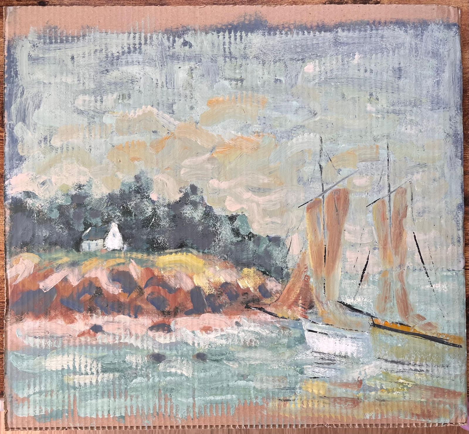 Fanch Lelfrench Impressionist Coastal Scene With Sailboat And Cliffside Cottage photo furniture
