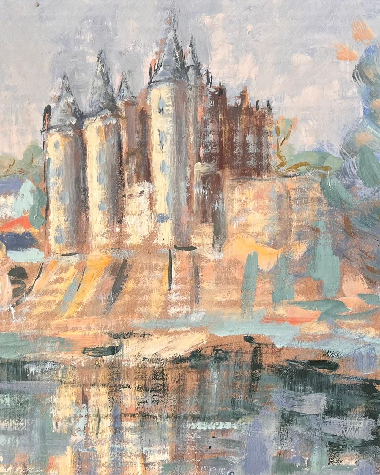 Fanch Lelfrench Impressionist Castle On Riverbank With Reflections And Village photo buy