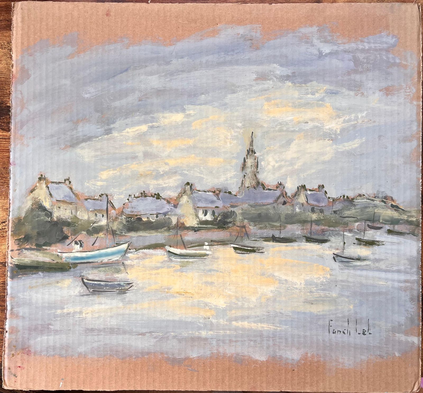 Fanch Lelfrench Impressionist Village Harbour With Boats At Dusk By Fanch Lel photo for sale