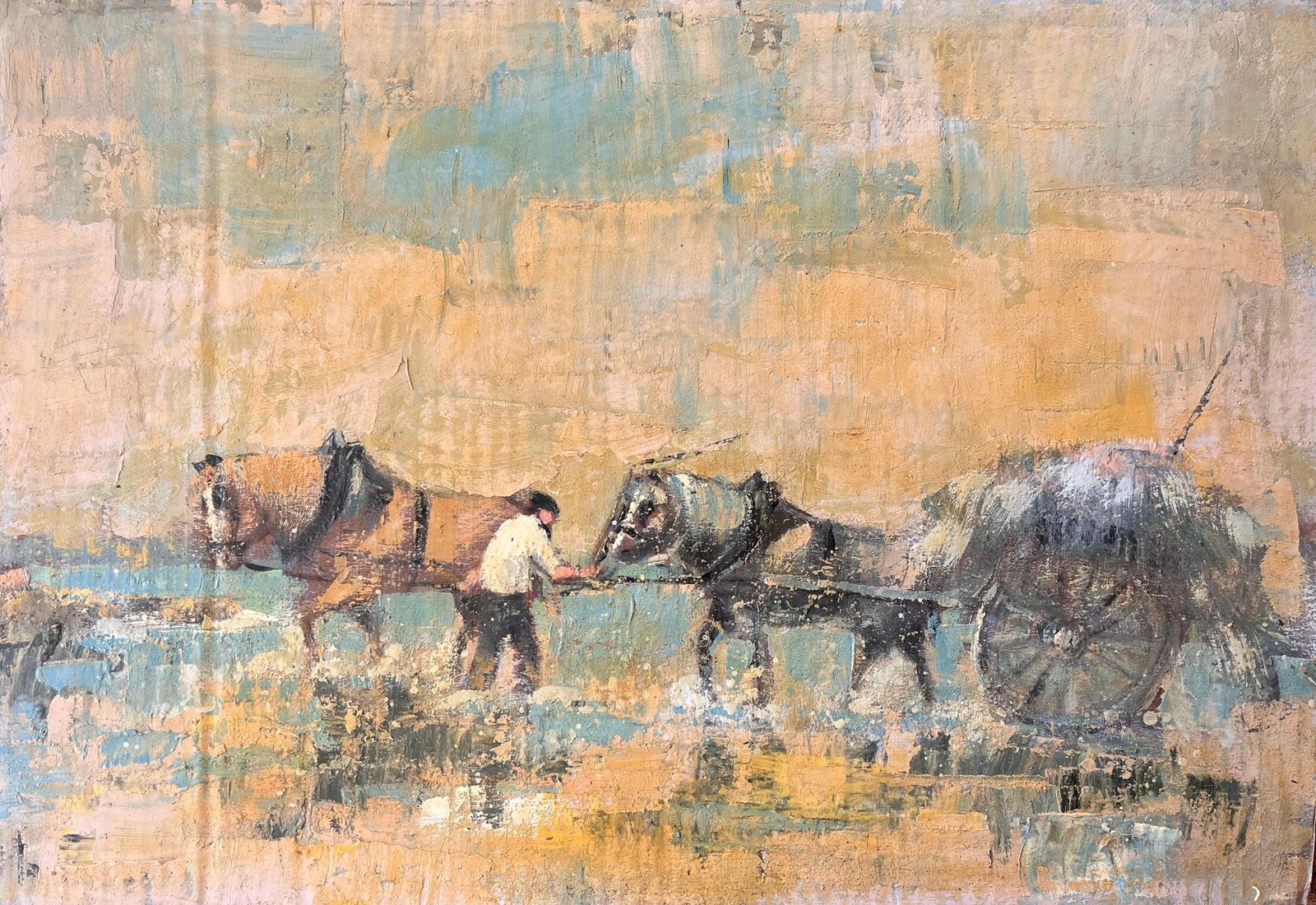 Fanch Lelfrench Impressionist Horse Drawn Hay Cart With Farmer In Rural Landscape