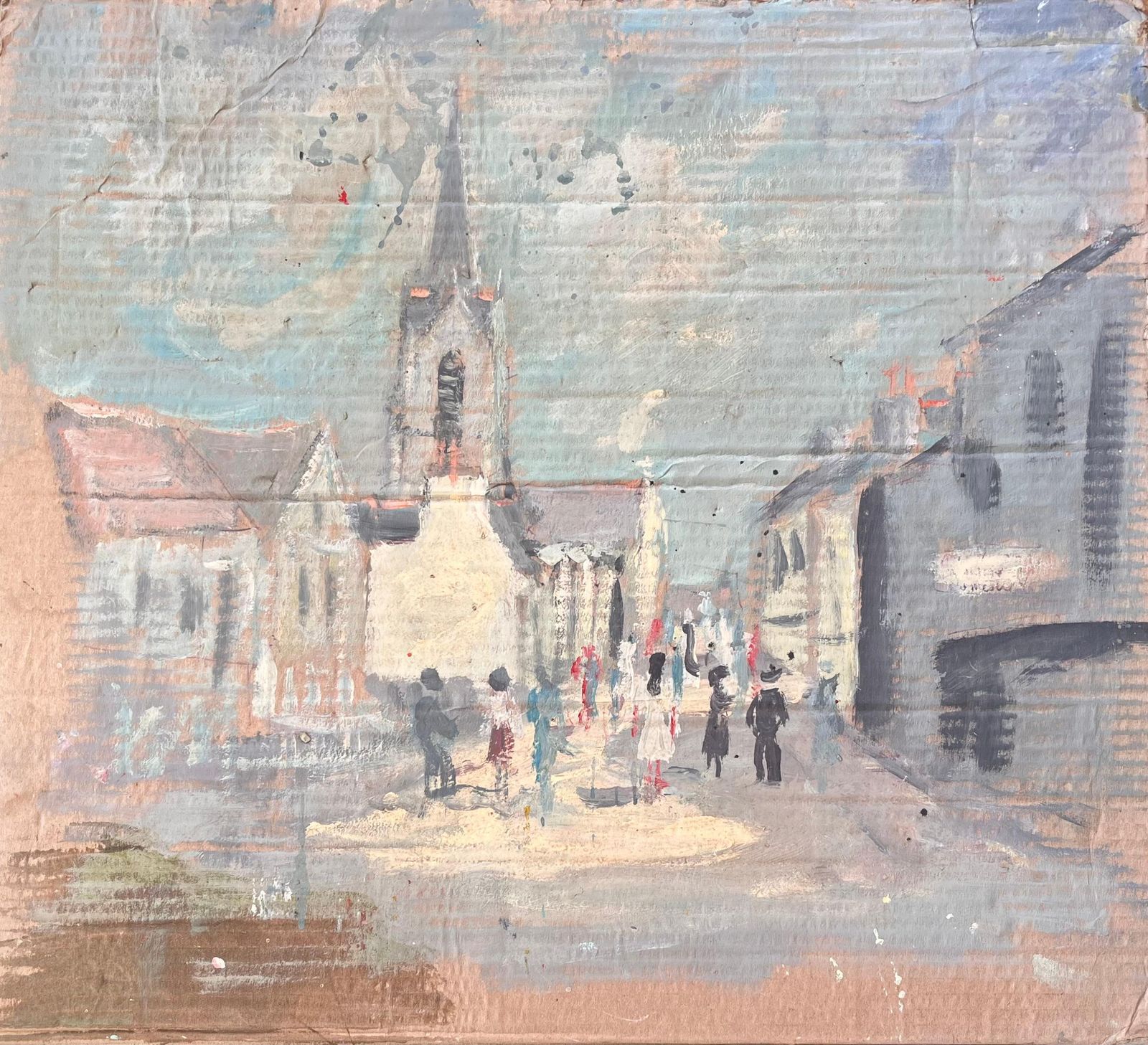 Fanch Lelfrench Impressionist Village Street Scene With Church And Figures